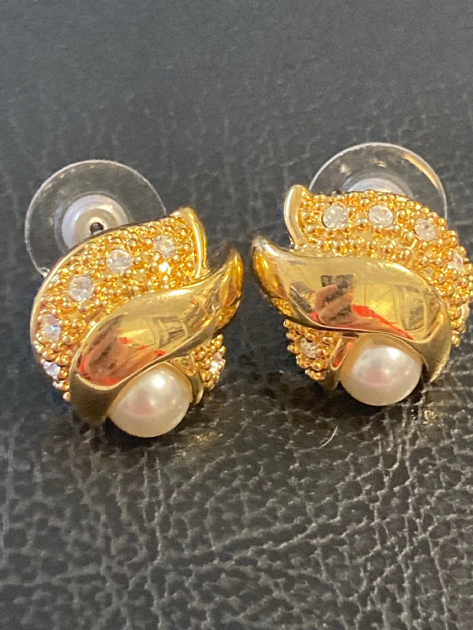 clear diamanté faux pearl cabochon stud earrings for pierced ears