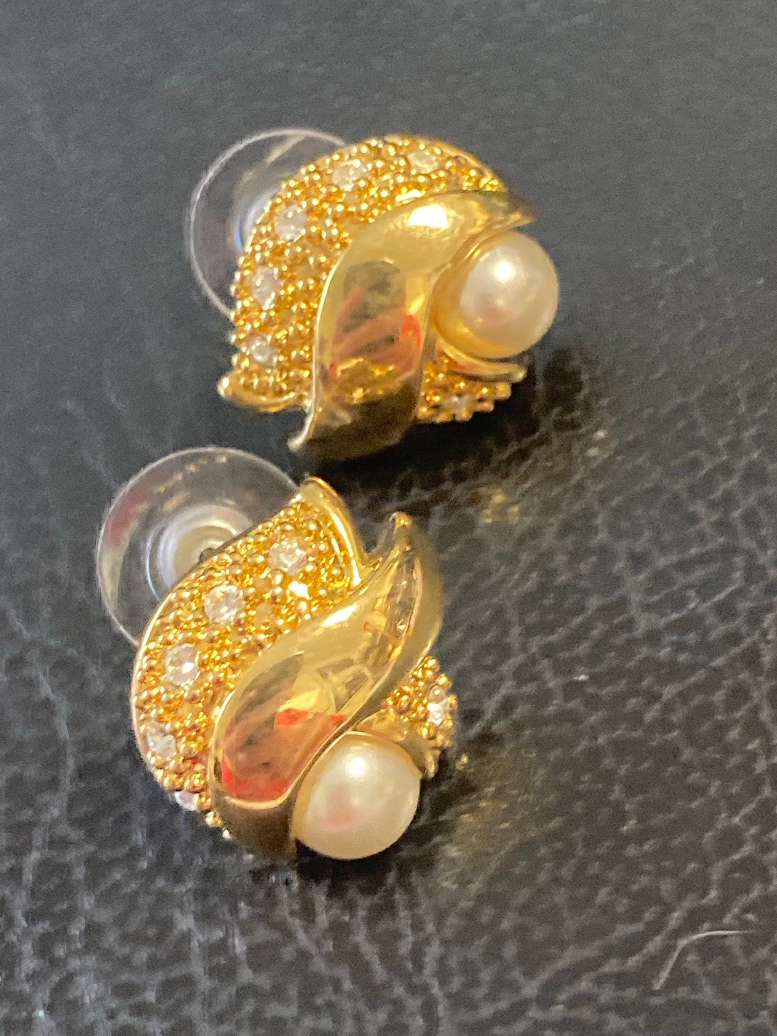 clear diamanté faux pearl cabochon stud earrings for pierced ears