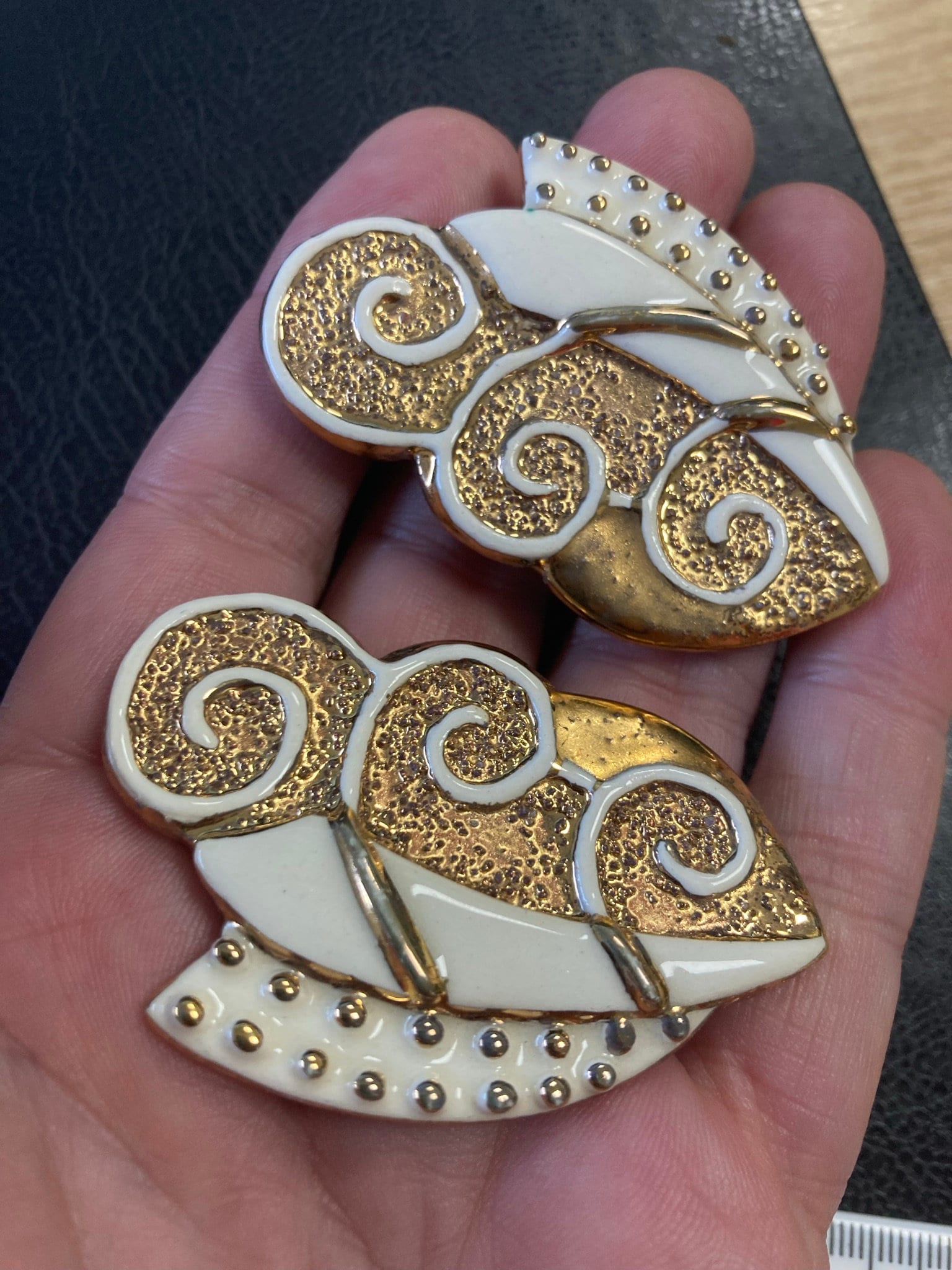 Signed DZ oversized ceramic gold and cream enamelled earrings