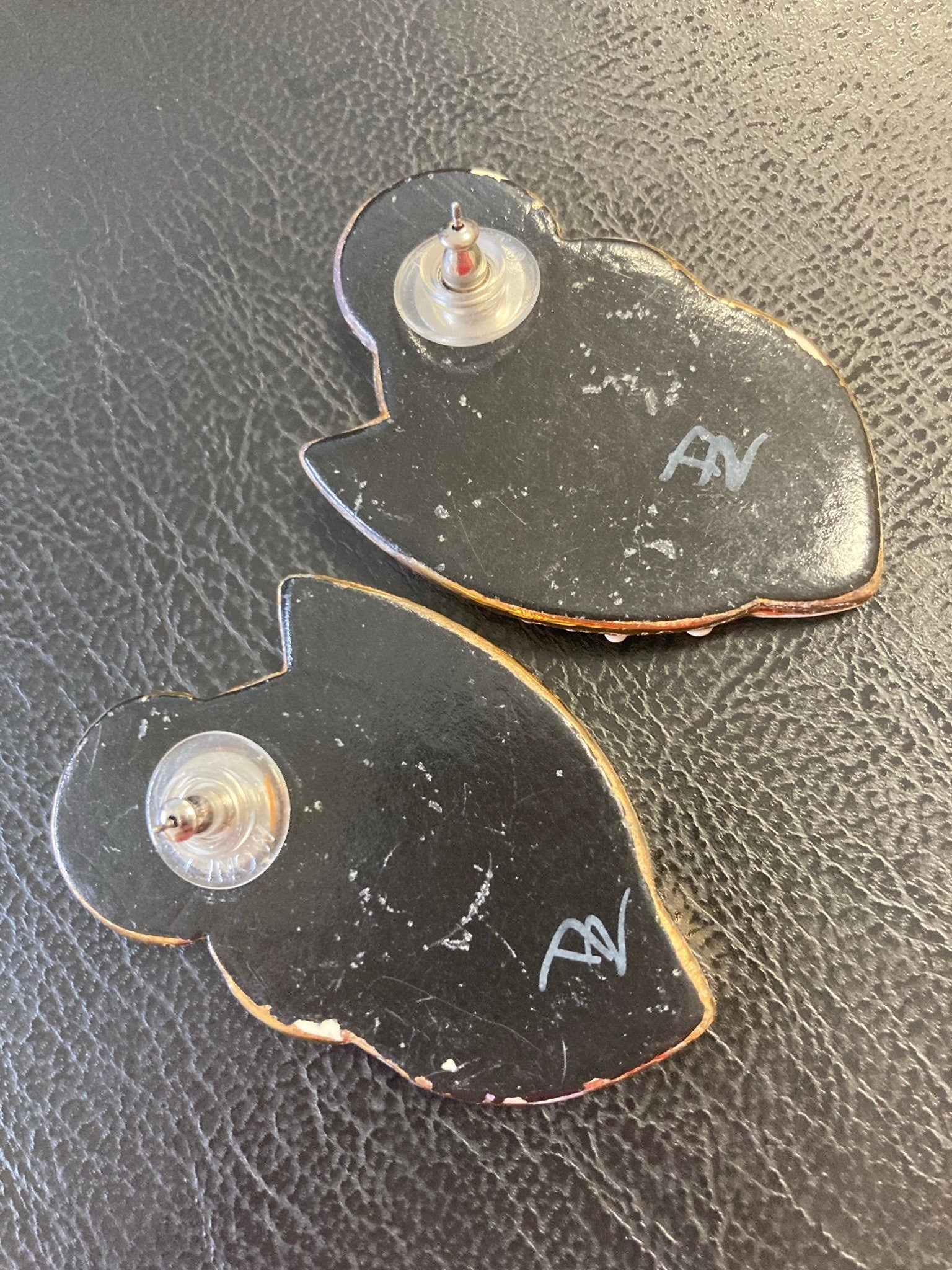 Signed DZ oversized ceramic gold and cream enamelled earrings