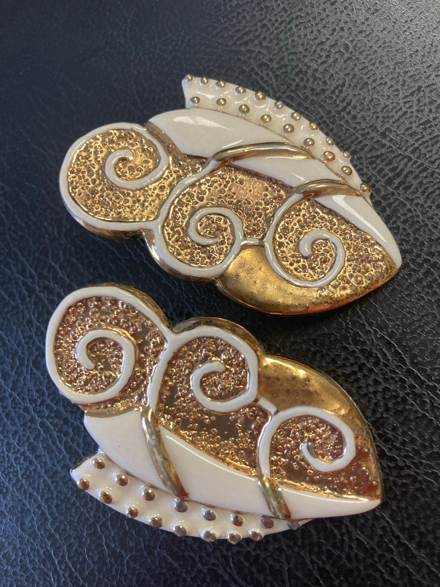 Signed DZ oversized ceramic gold and cream enamelled earrings
