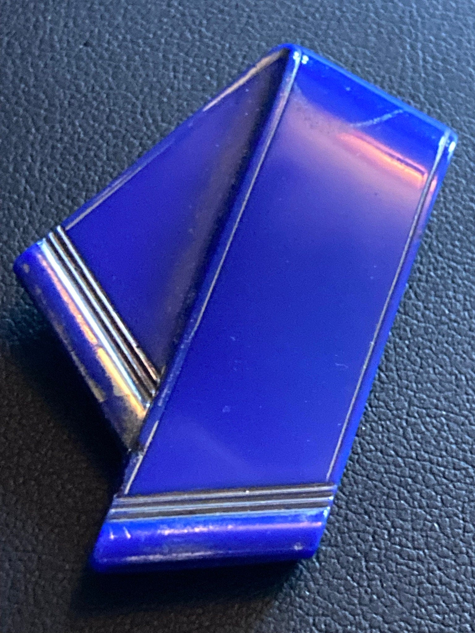 Art Deco bright blue painted silver pressed glass Dress Clip