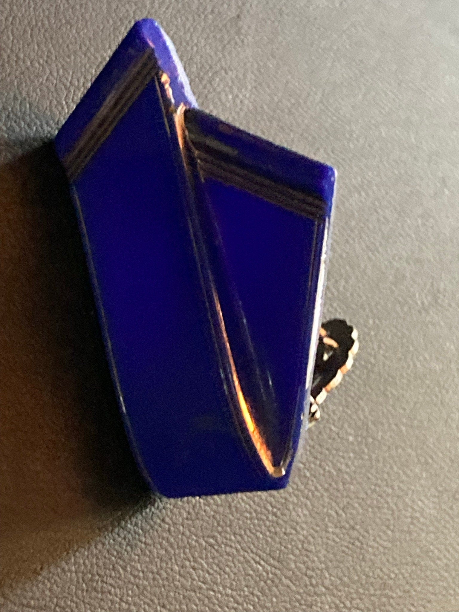 Art Deco bright blue painted silver pressed glass Dress Clip