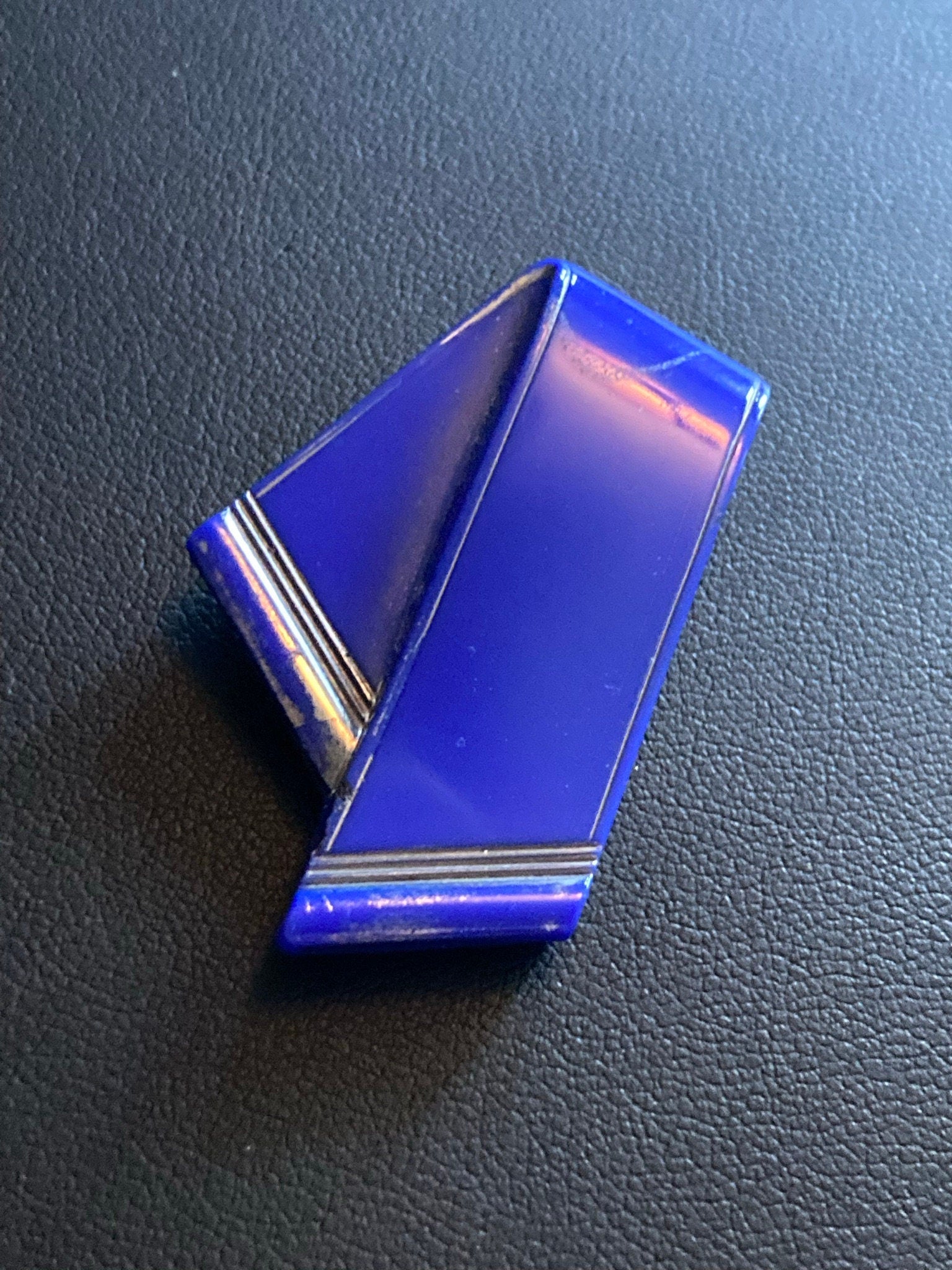 Art Deco bright blue painted silver pressed glass Dress Clip