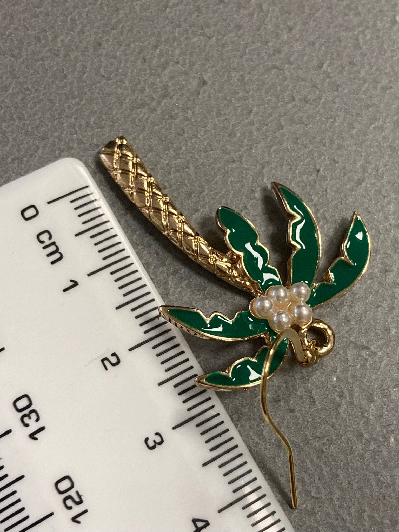 gold tone green enamel faux seed pearl palm tree drop earrings pierced