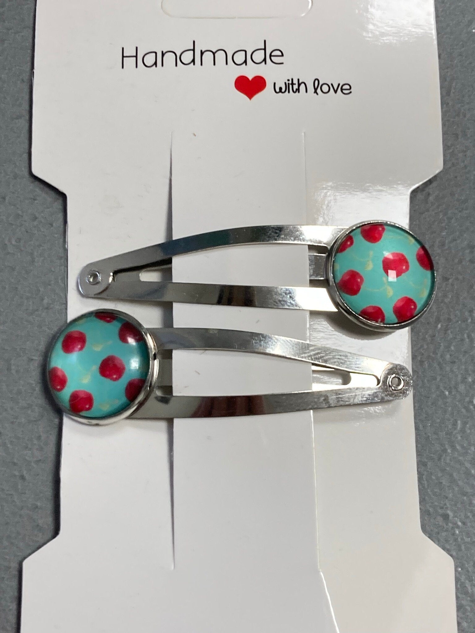 pair of CHERRY hair clips silver tone snap lock