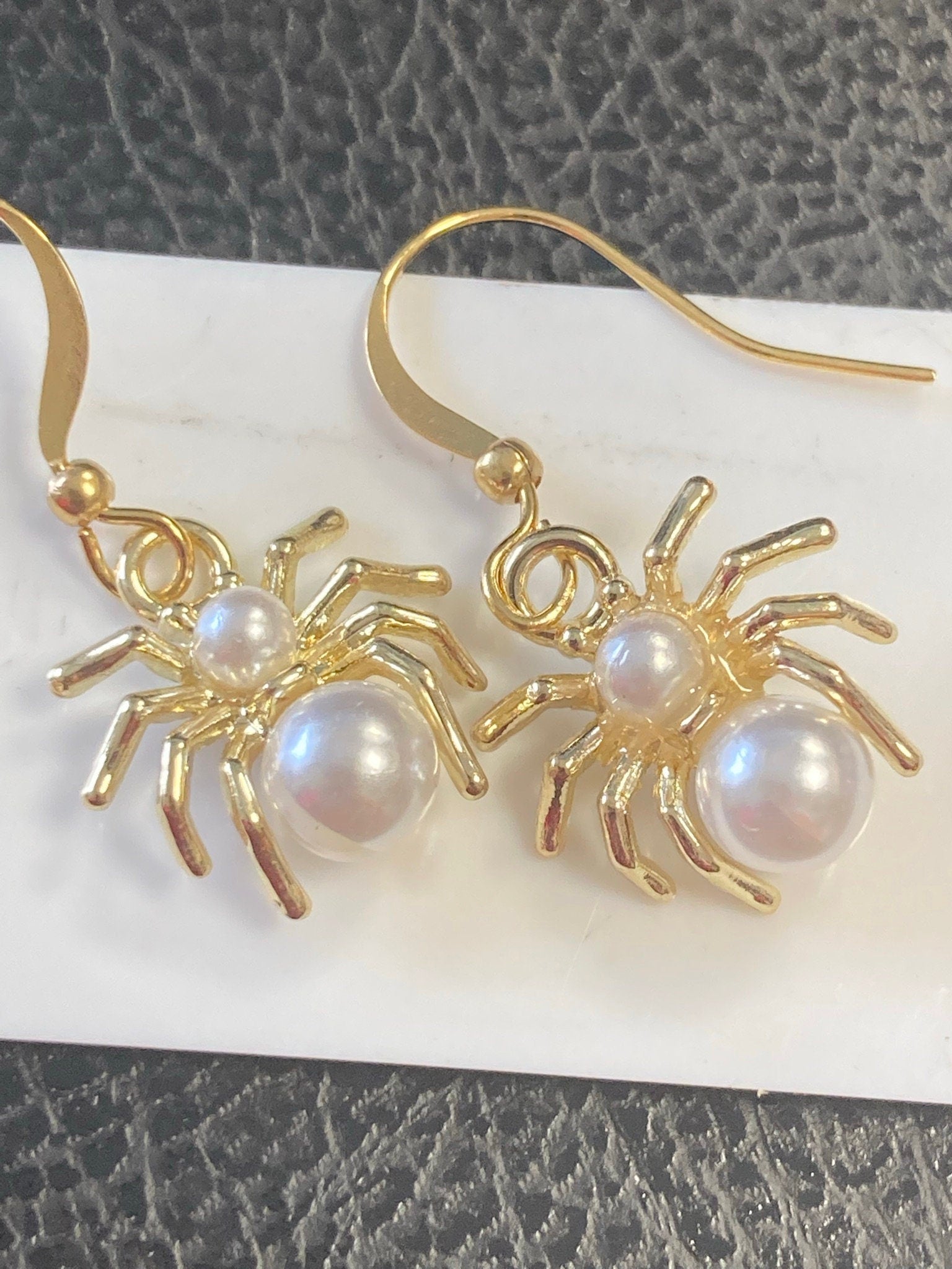 small Spooky Spider pearl drop earrings Handmade gold tone