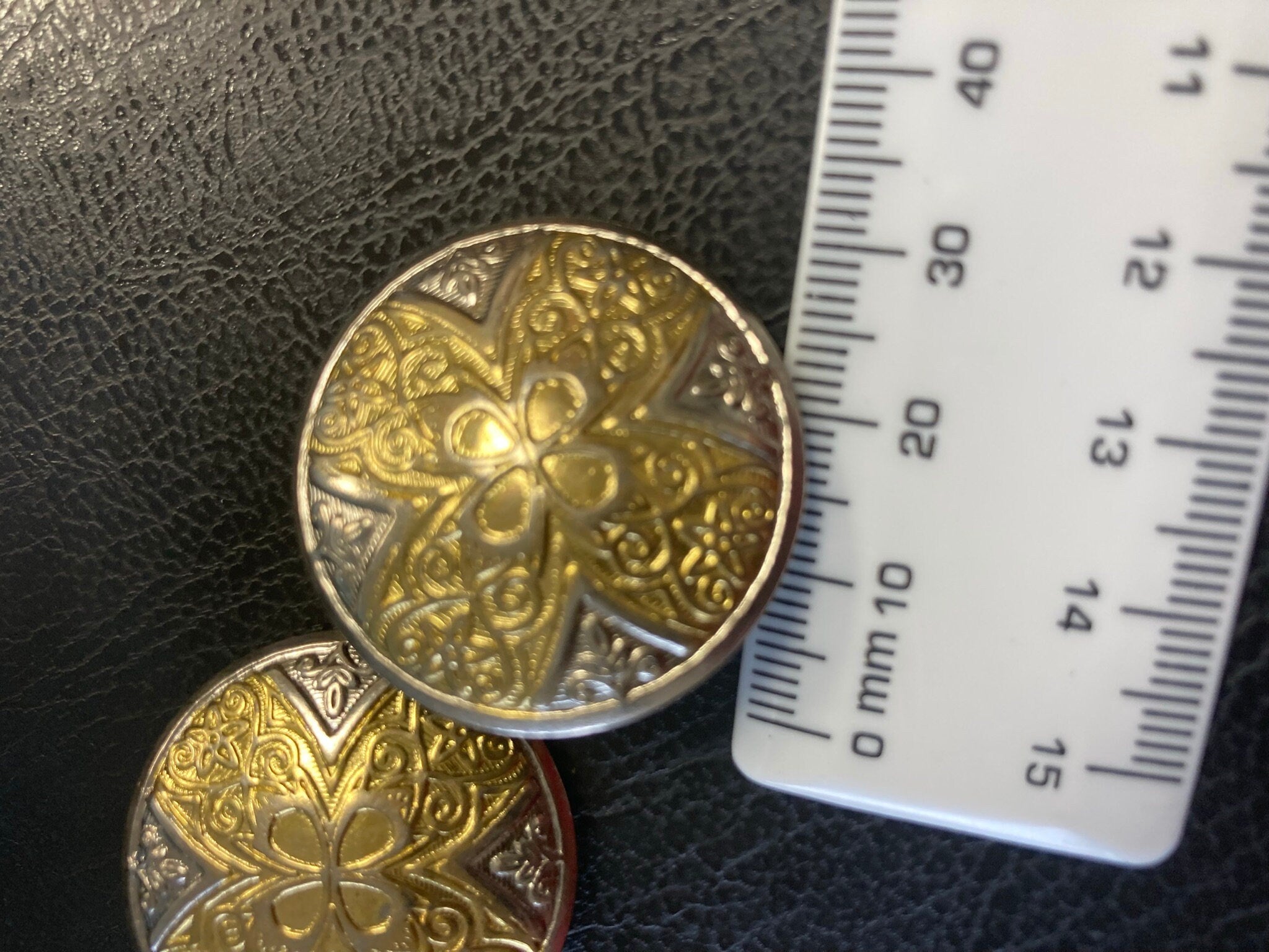 gold and silver tone large disc button stud earrings oversized 1980s ornate