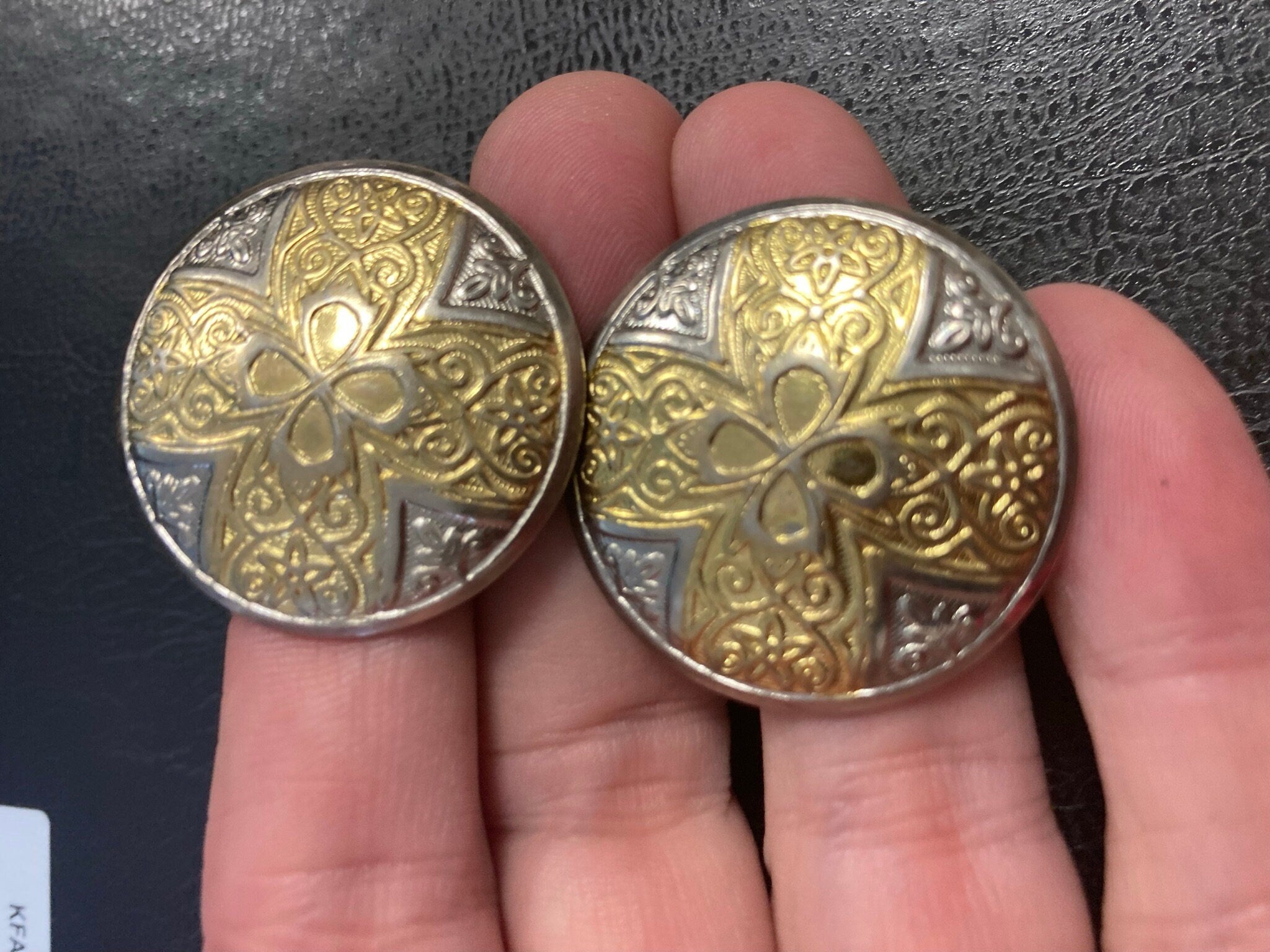 gold and silver tone large disc button stud earrings oversized 1980s ornate