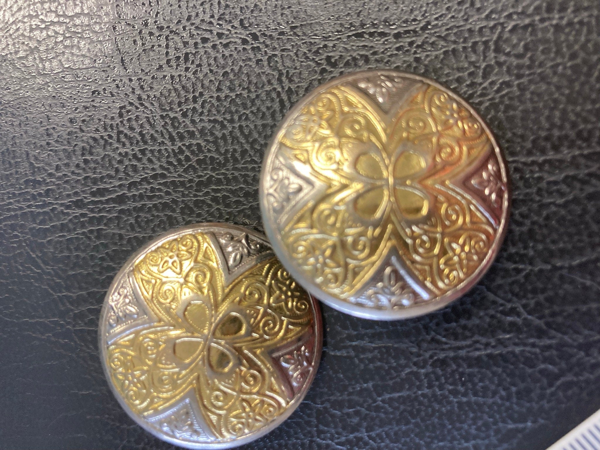 gold and silver tone large disc button stud earrings oversized 1980s ornate