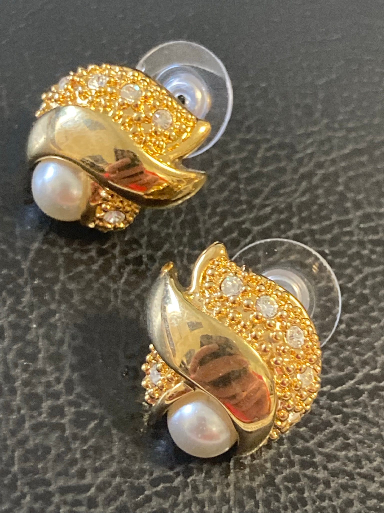 clear diamanté faux pearl cabochon stud earrings for pierced ears