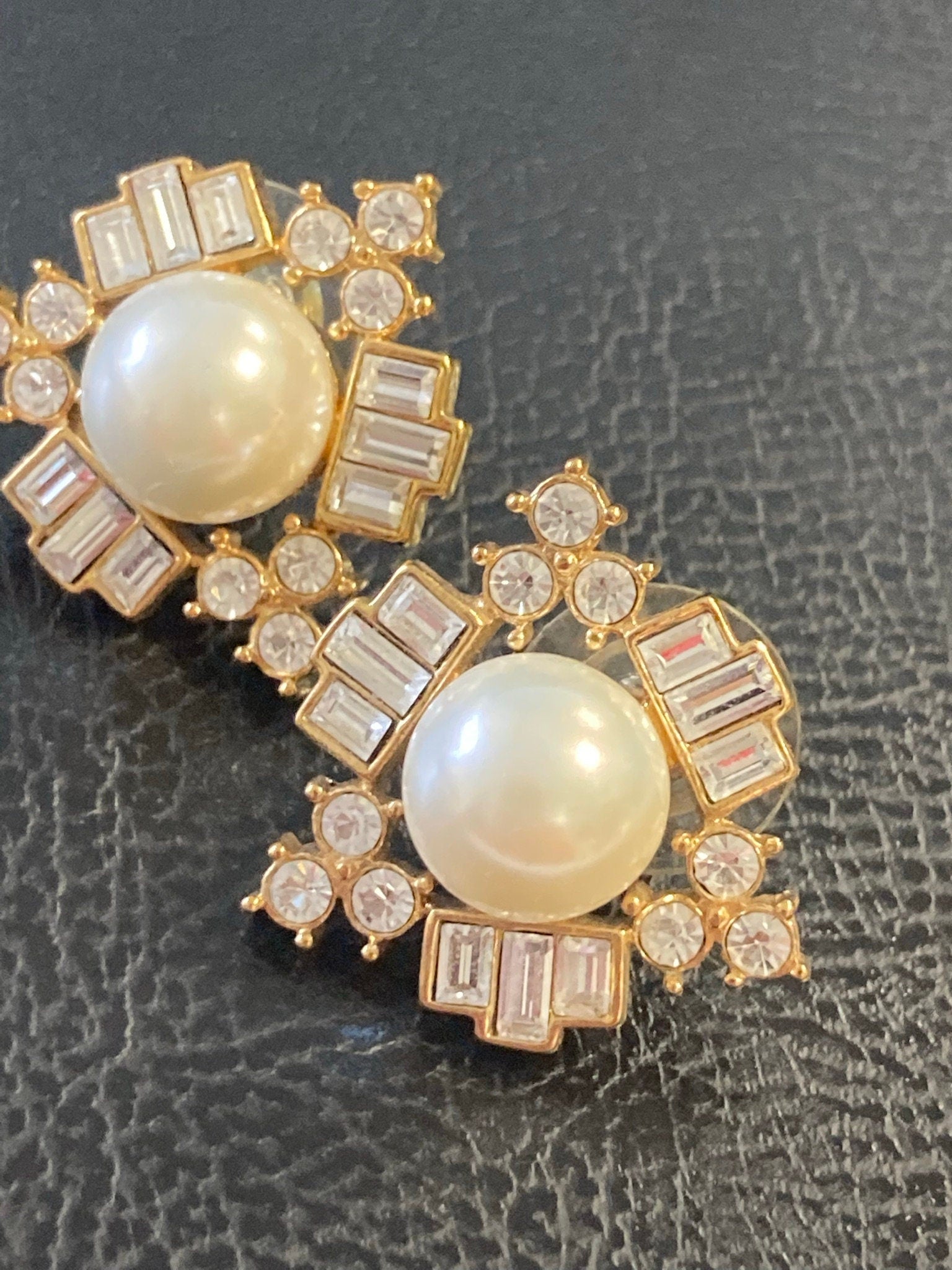 clear diamanté paste faux pearl cabochon stud earrings for pierced ears