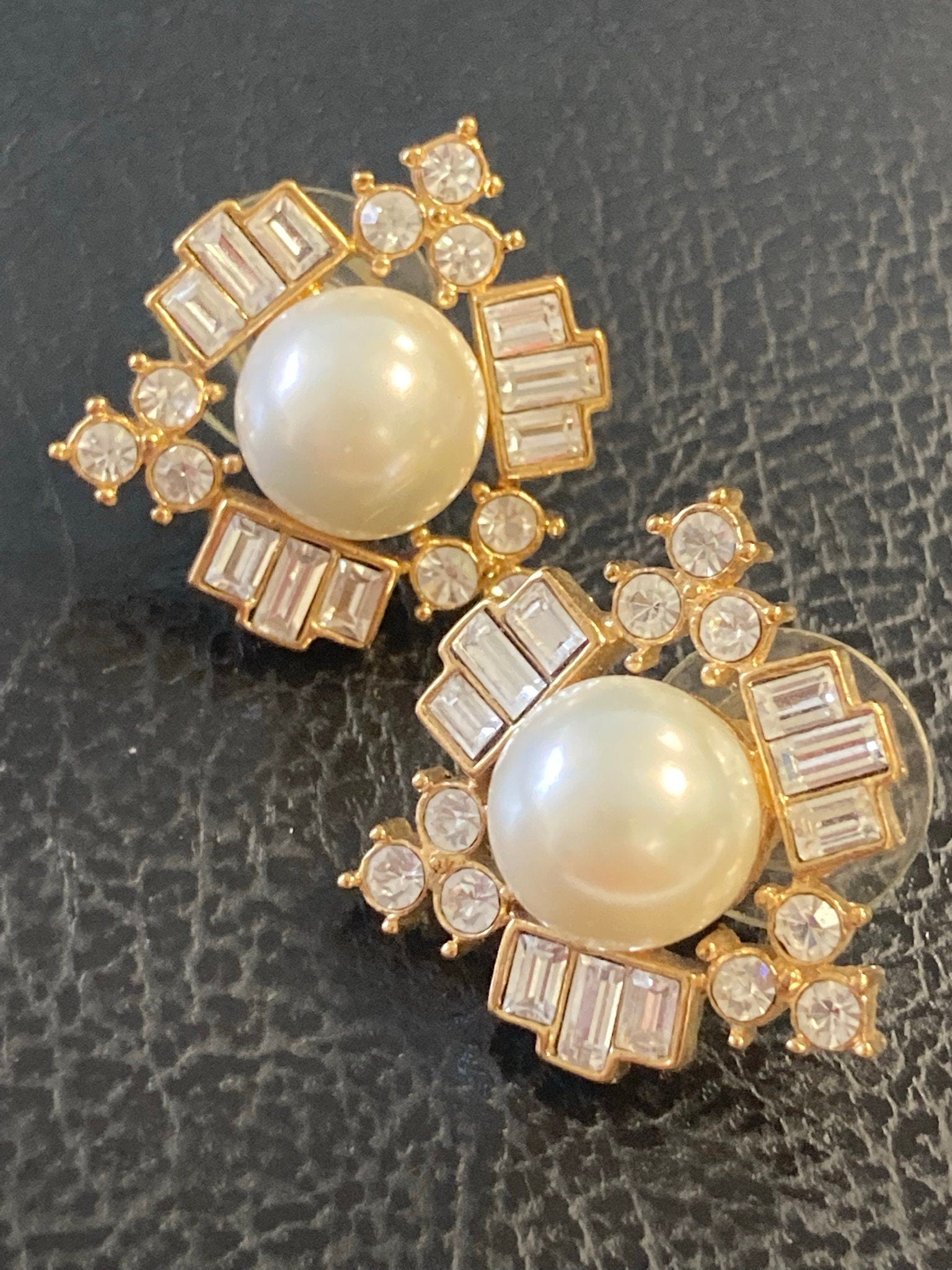 clear diamanté paste faux pearl cabochon stud earrings for pierced ears