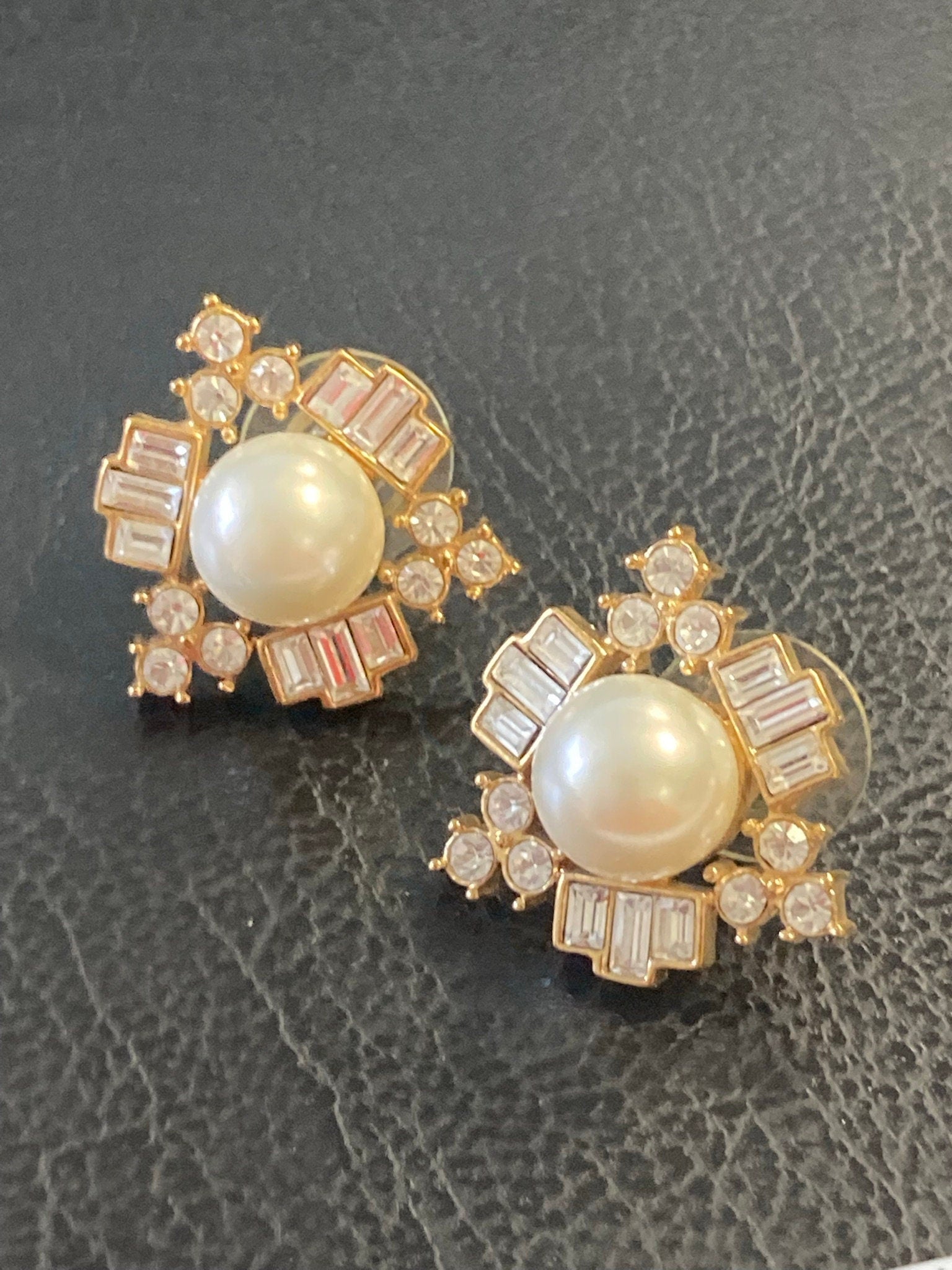 clear diamanté paste faux pearl cabochon stud earrings for pierced ears
