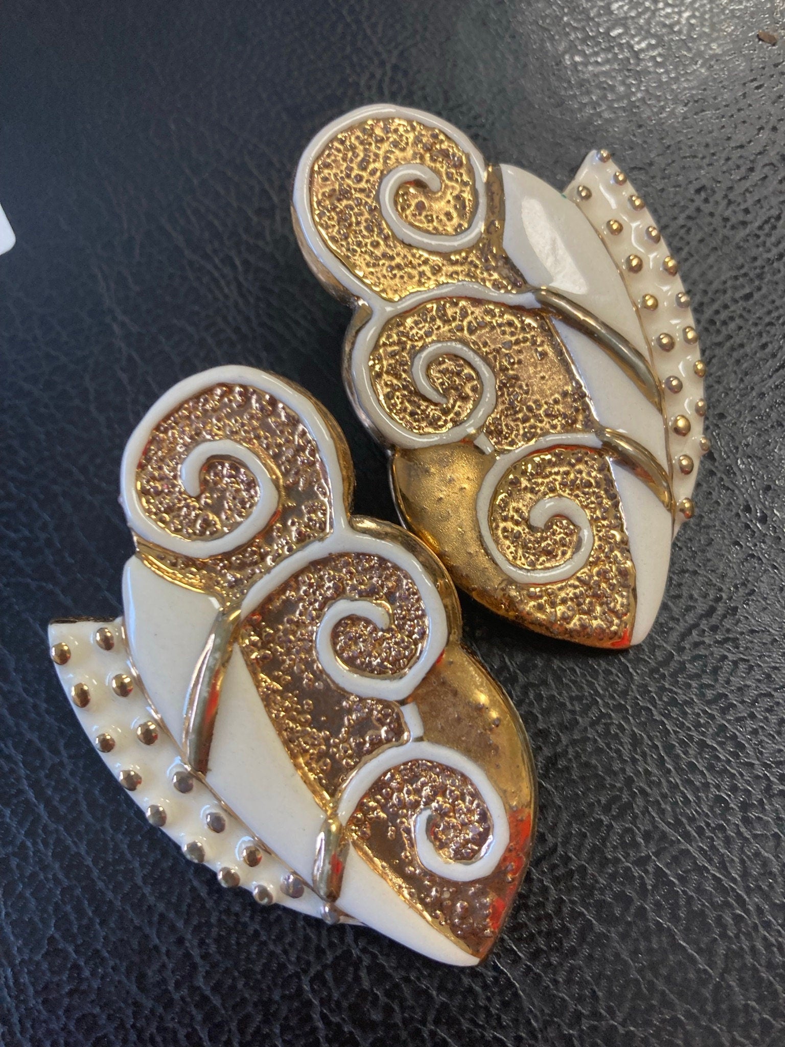 Signed DZ oversized ceramic gold and cream enamelled earrings