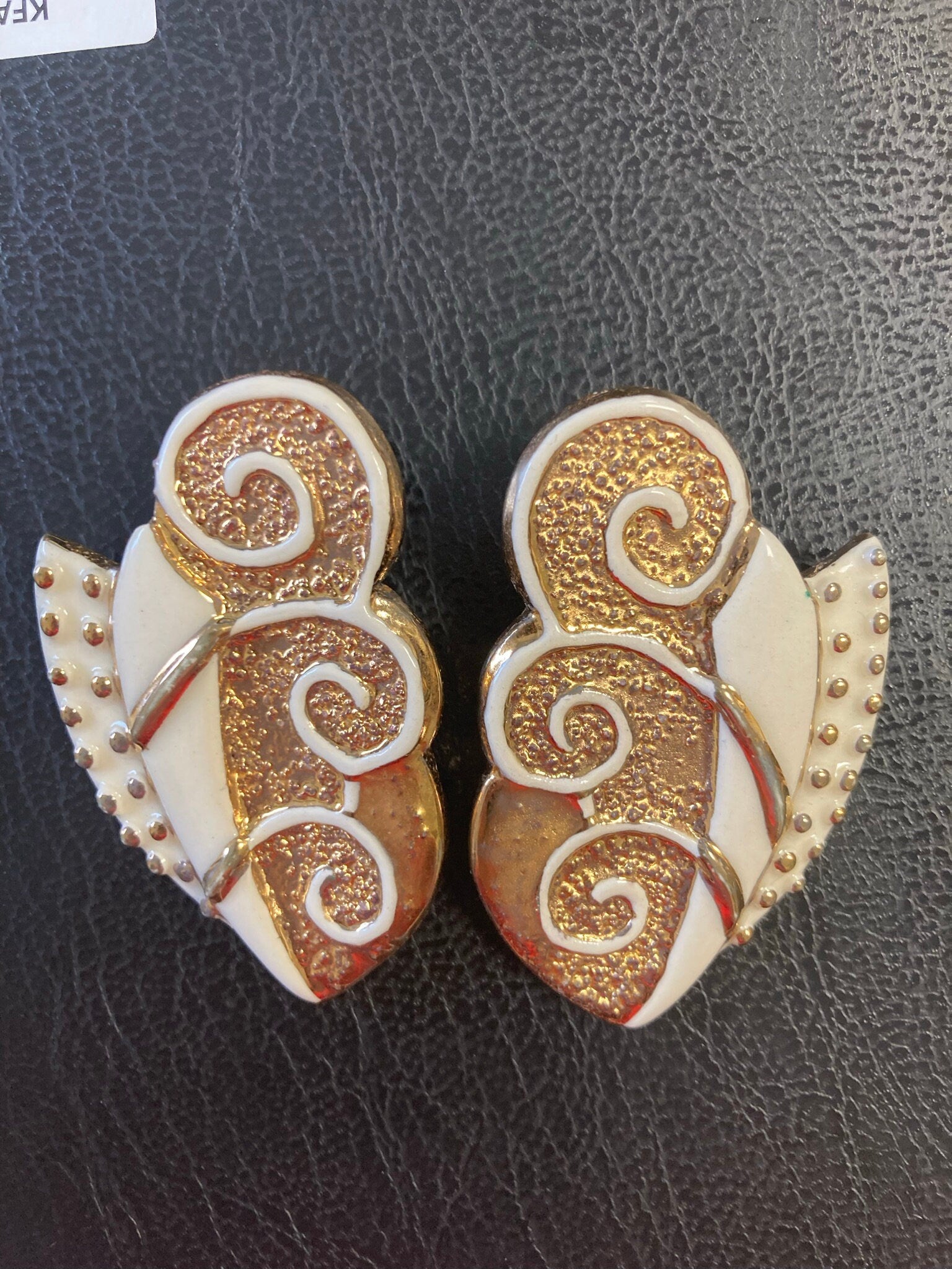 Signed DZ oversized ceramic gold and cream enamelled earrings