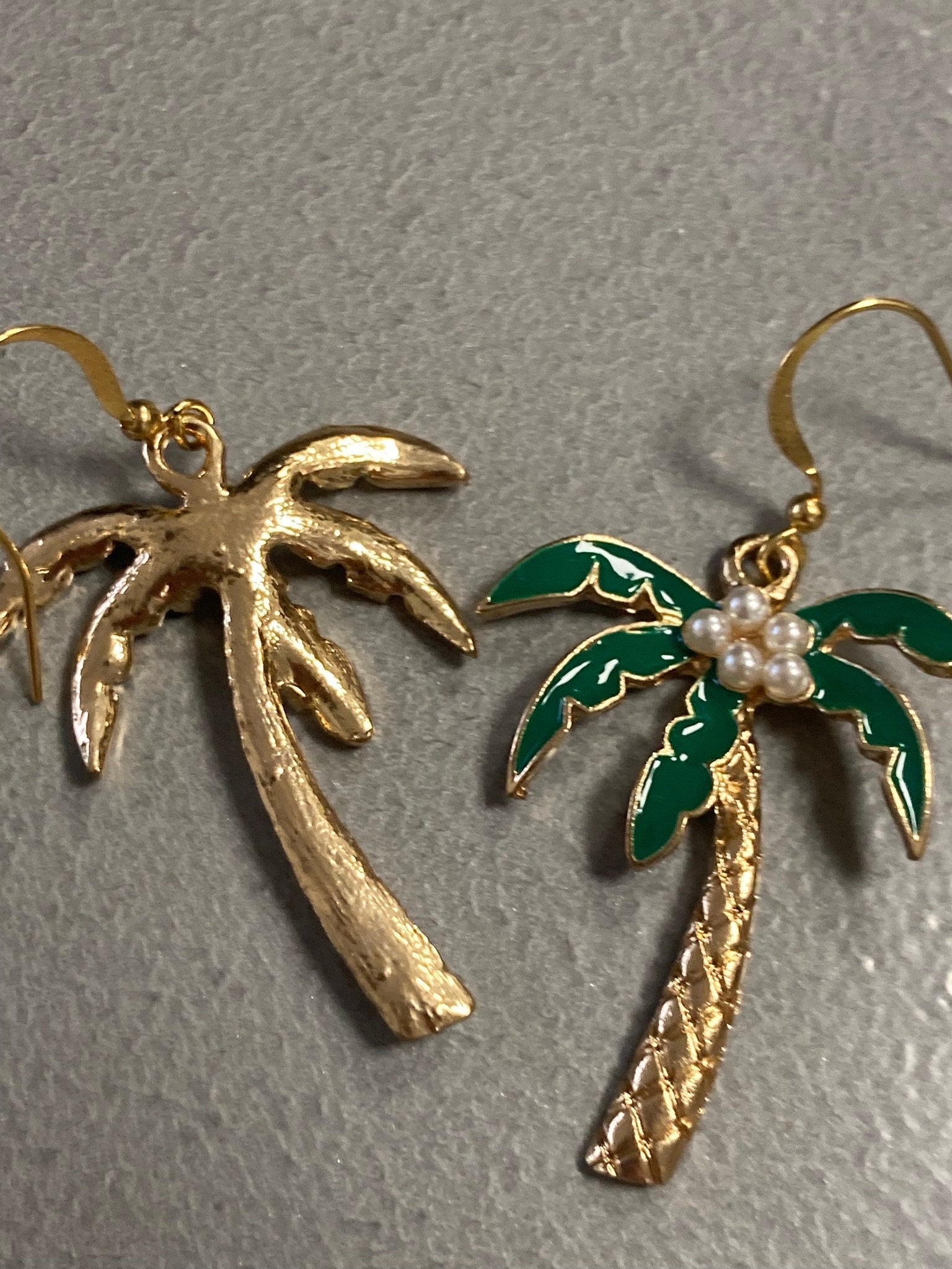 gold tone green enamel faux seed pearl palm tree drop earrings pierced
