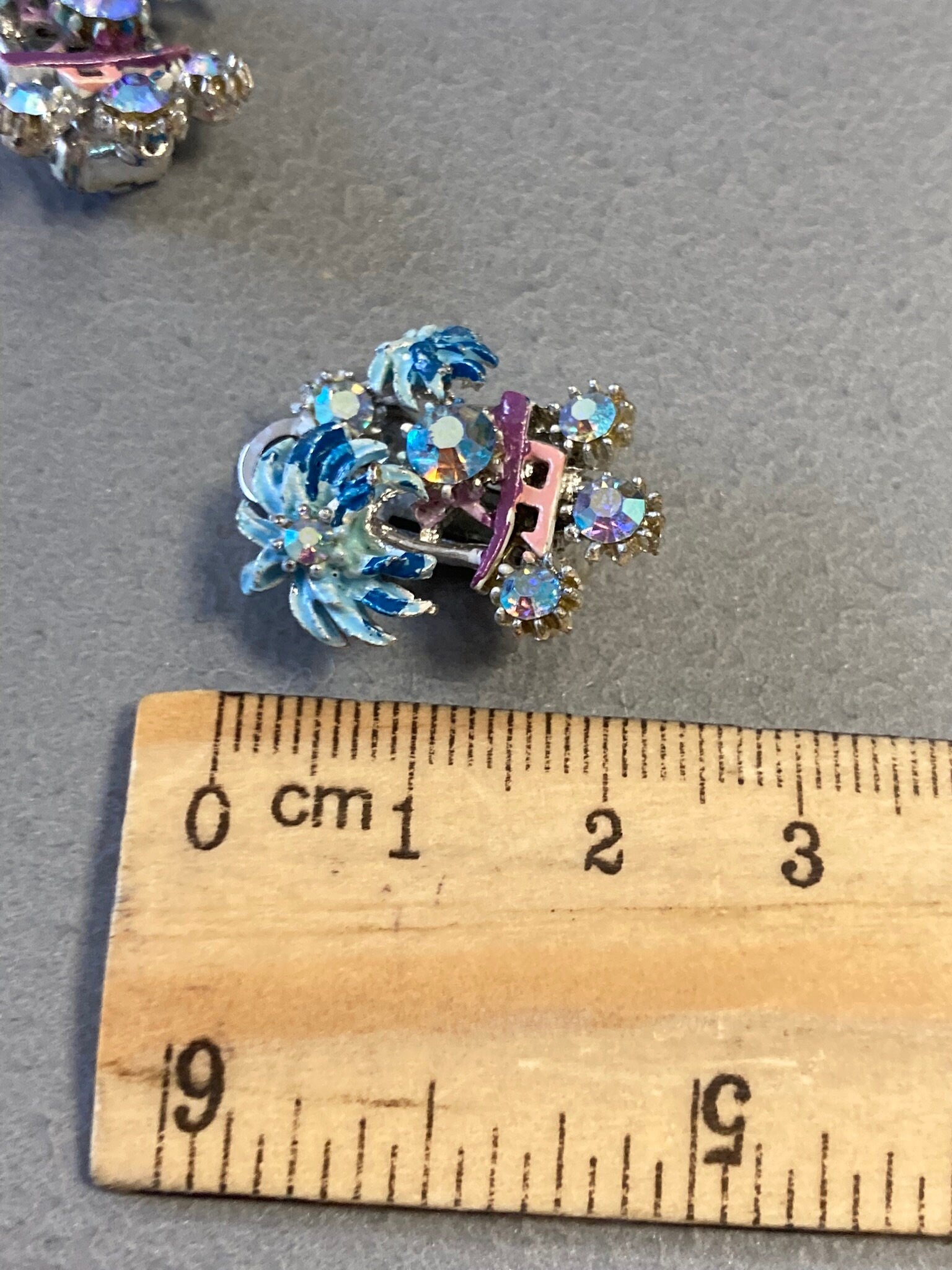 Chinese Pagoda palm tree Vintage blue enamel clip On Earrings
