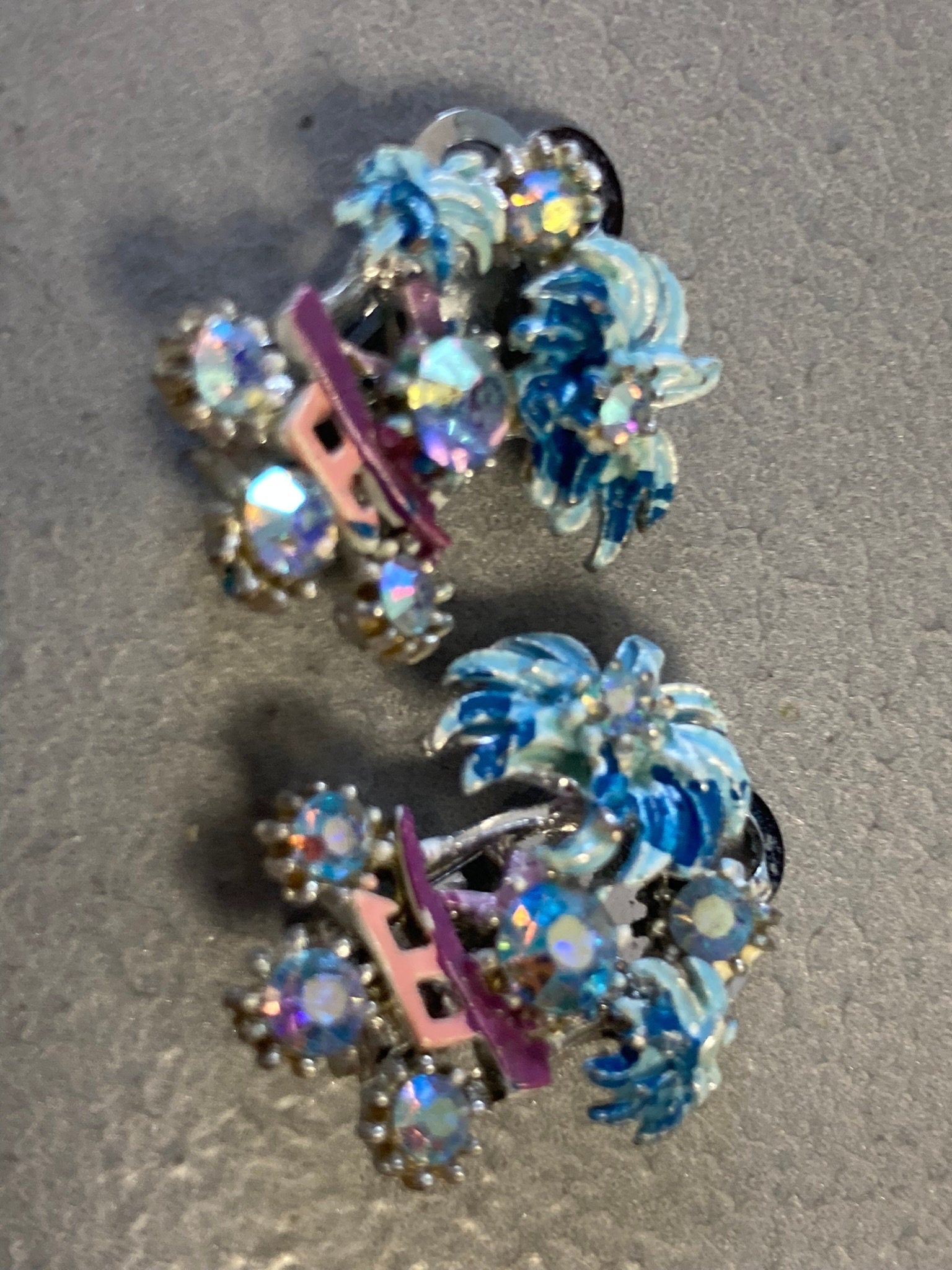 Chinese Pagoda palm tree Vintage blue enamel clip On Earrings
