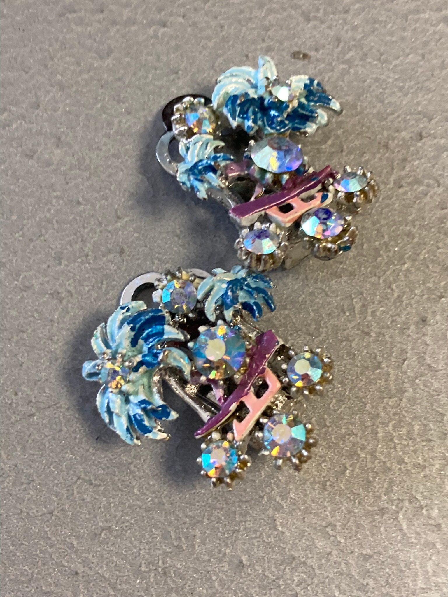 Chinese Pagoda palm tree Vintage blue enamel clip On Earrings
