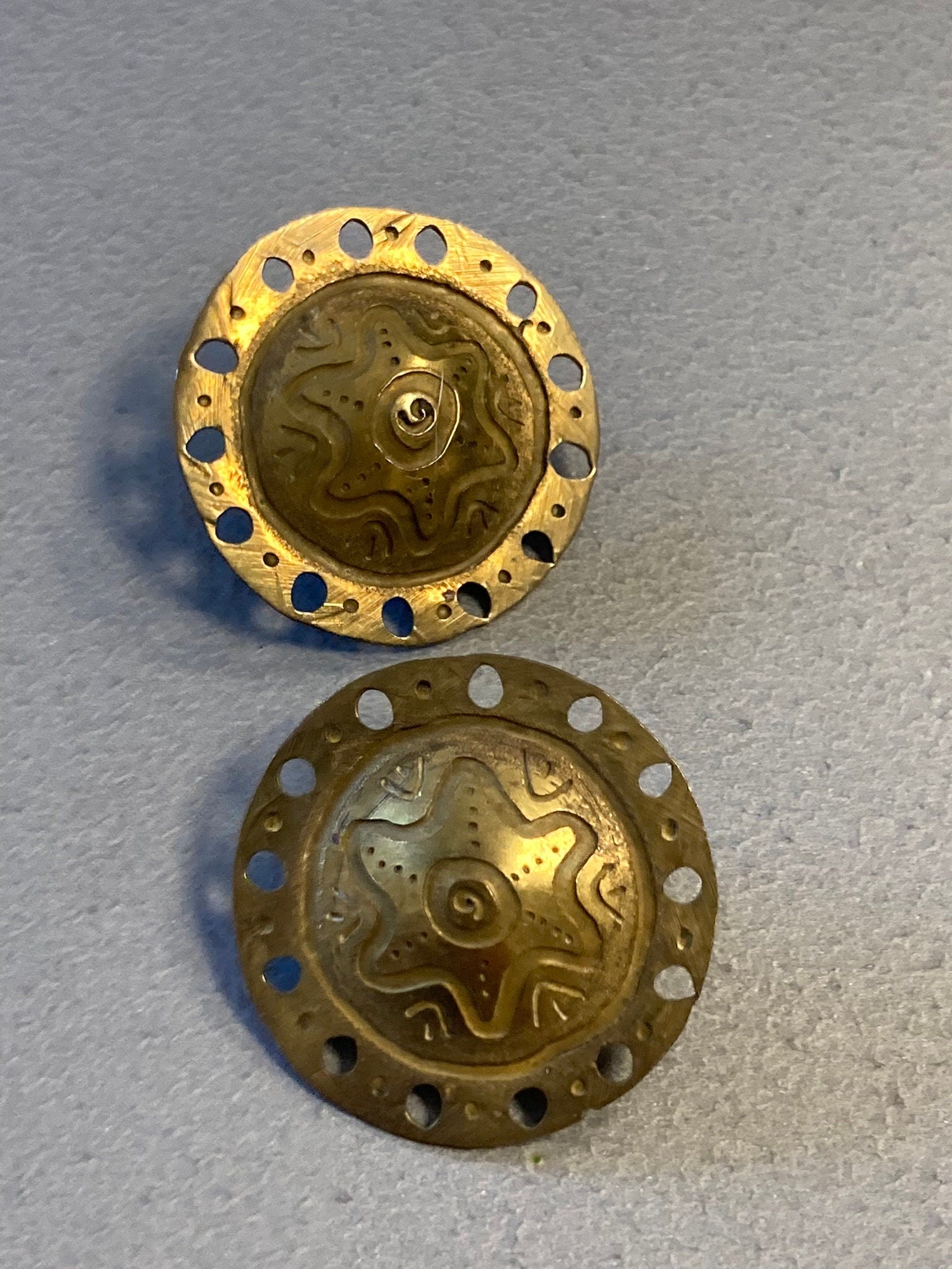 Antique vintage Etruscan Mid Century brass cut out work round stud earrings