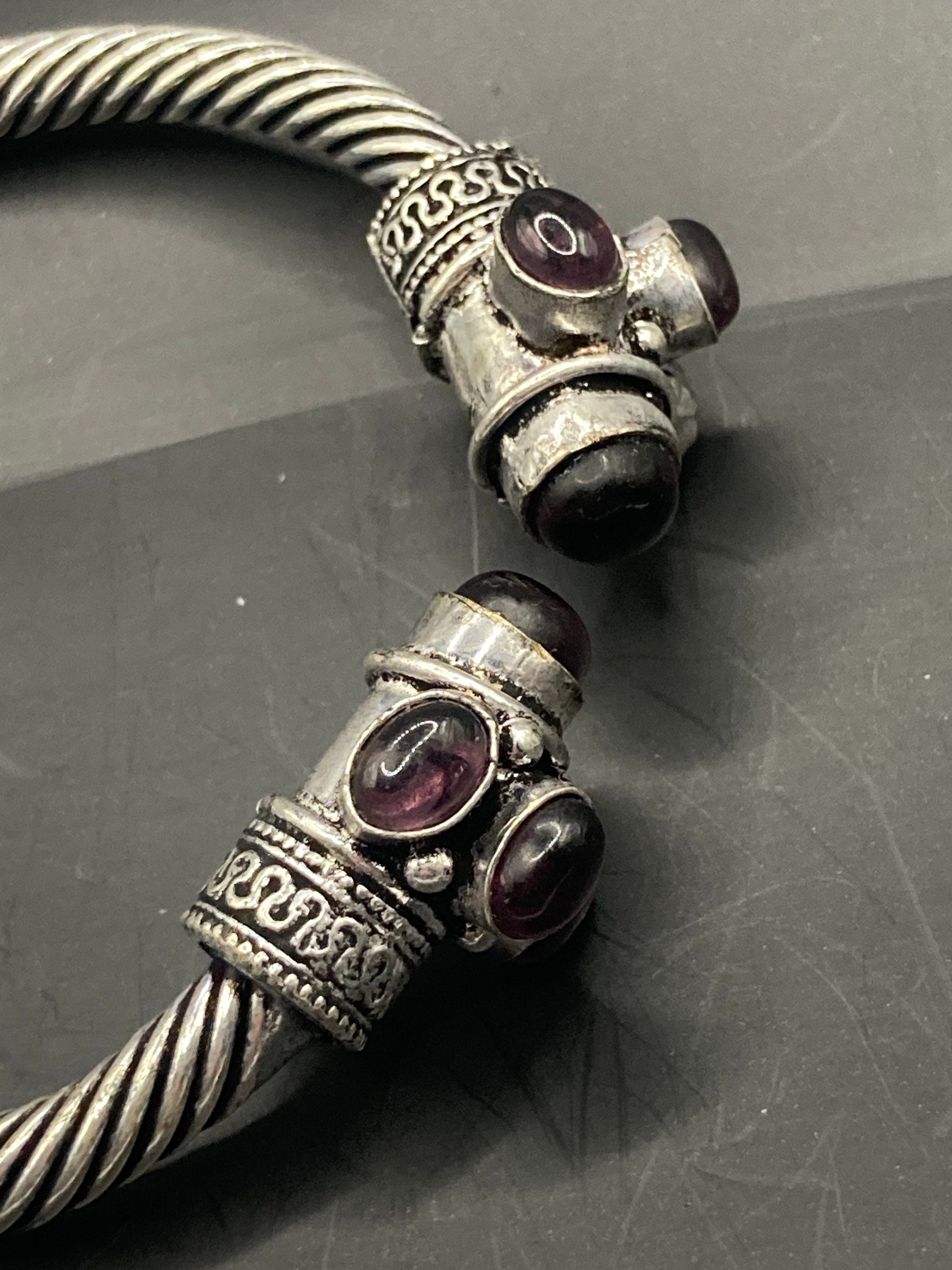 purple amethyst GEMSTONE Bangle silver tone torque bracelet