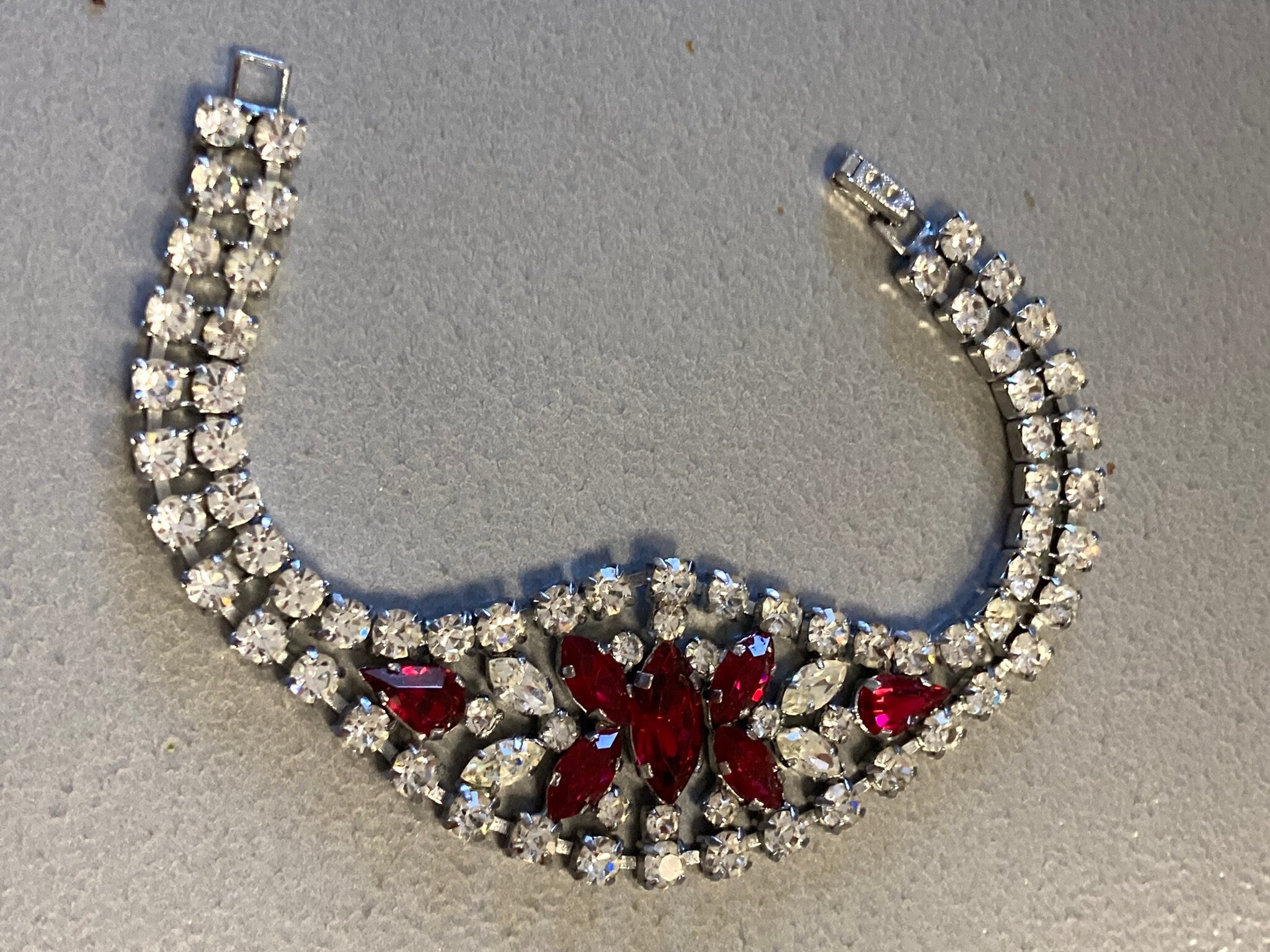 Retro silver tone clear and ruby red glass paste set cocktail bracelet