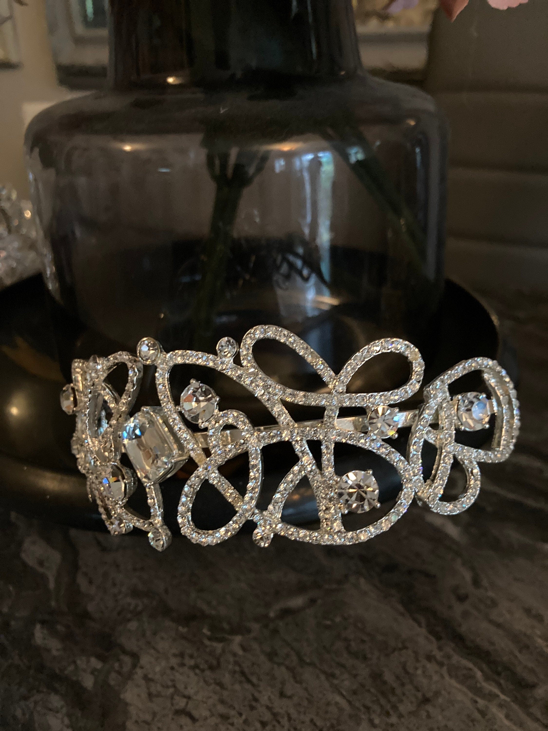 Ladies Antique style silver tone tiara clear diamanté crystal rhinestones vintage wedding