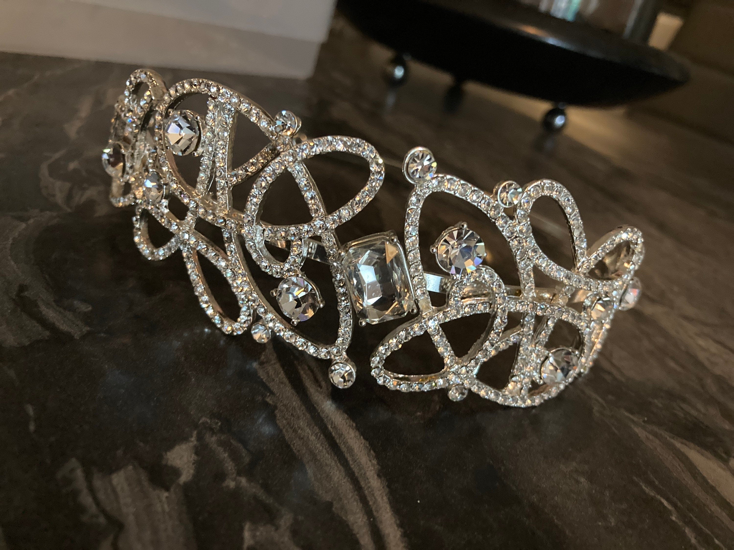 Ladies Antique style silver tone tiara clear diamanté crystal rhinestones vintage wedding