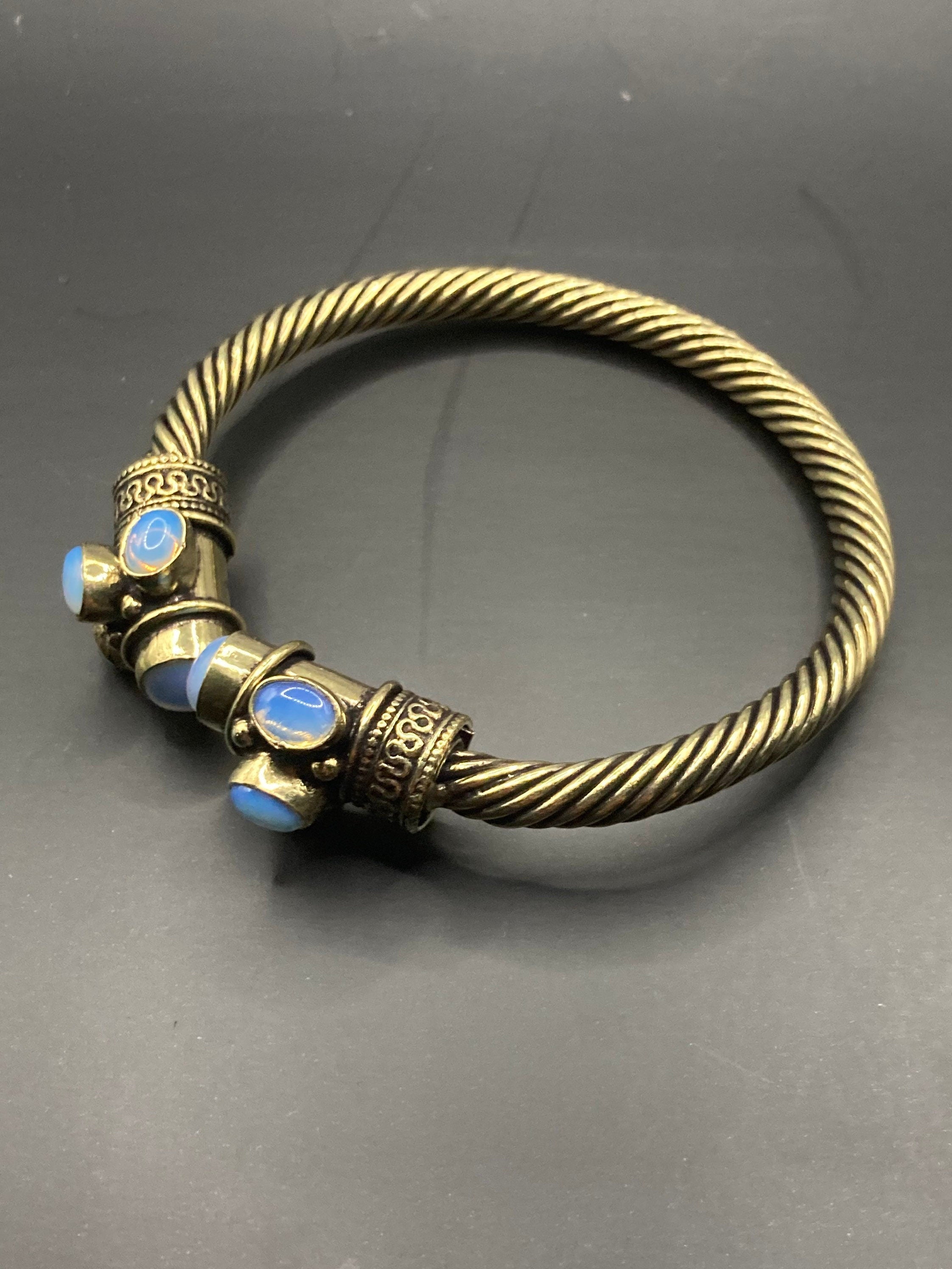 Moonstone labrodorite GEMSTONE Bangle brass gold tone cuff bracelet