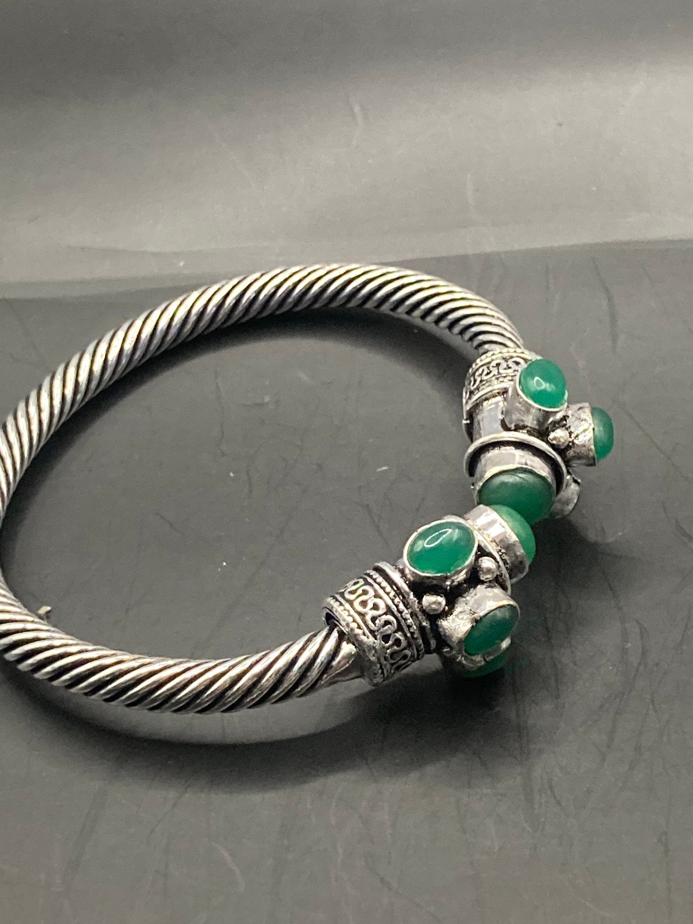 GREEN adventurine GEMSTONE Bangle silver tone torque cuff bracelet