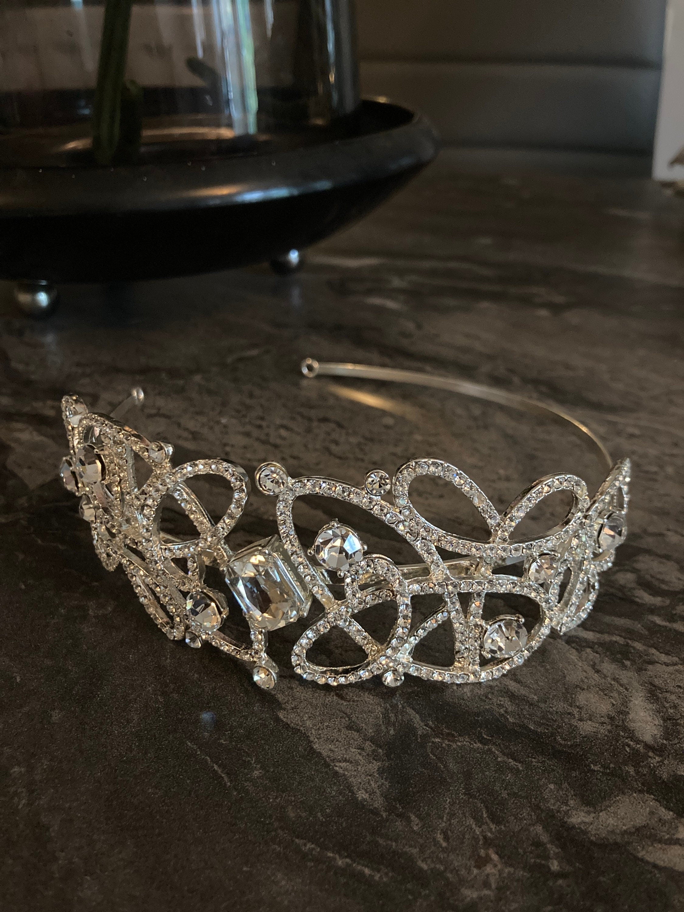 Ladies Antique style silver tone tiara clear diamanté crystal rhinestones vintage wedding