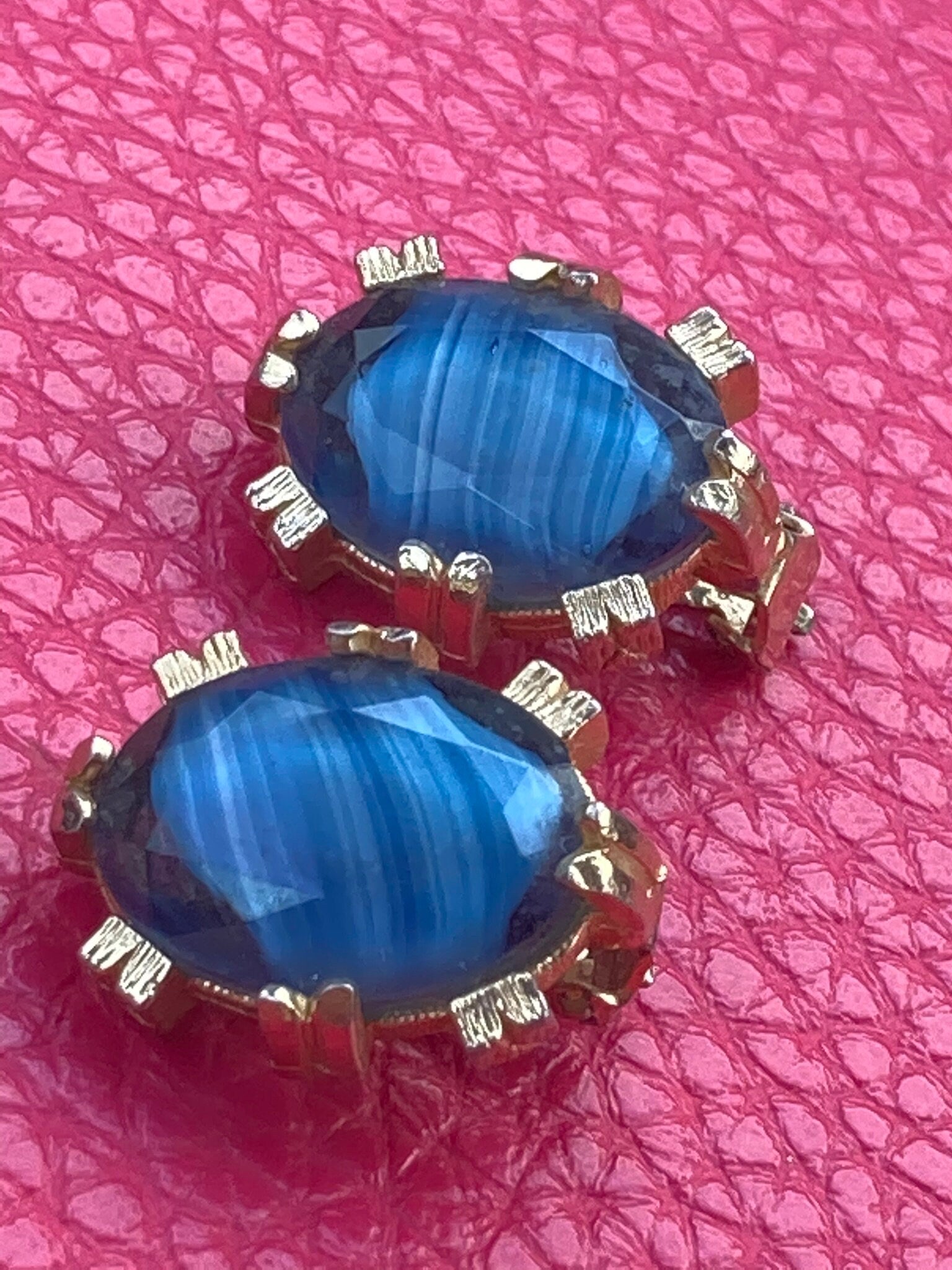 faux banded agate blue coloured glass chunky clip on earrings