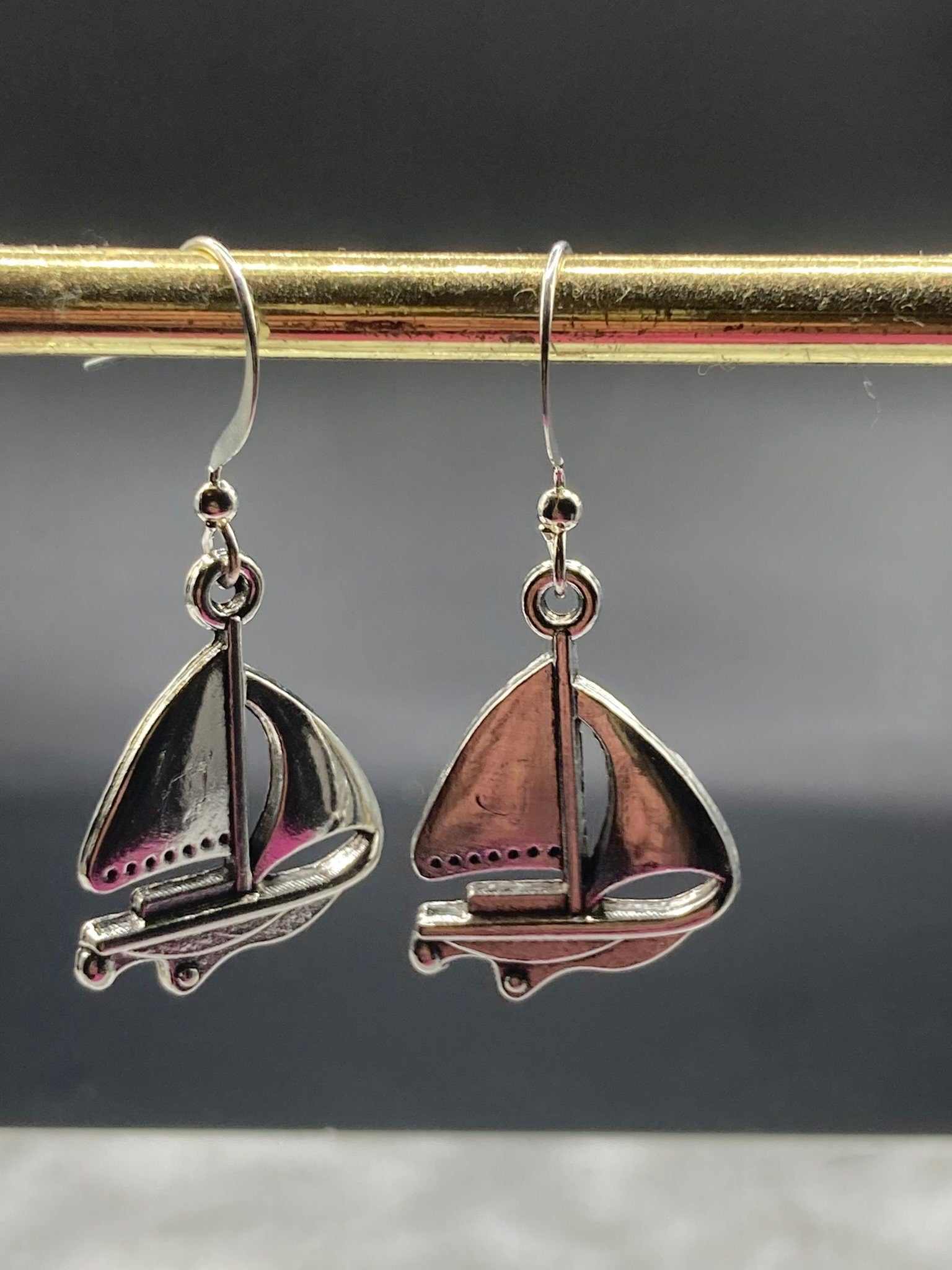 Nautical silver tone boat yacht ship drop earrings pierced ears