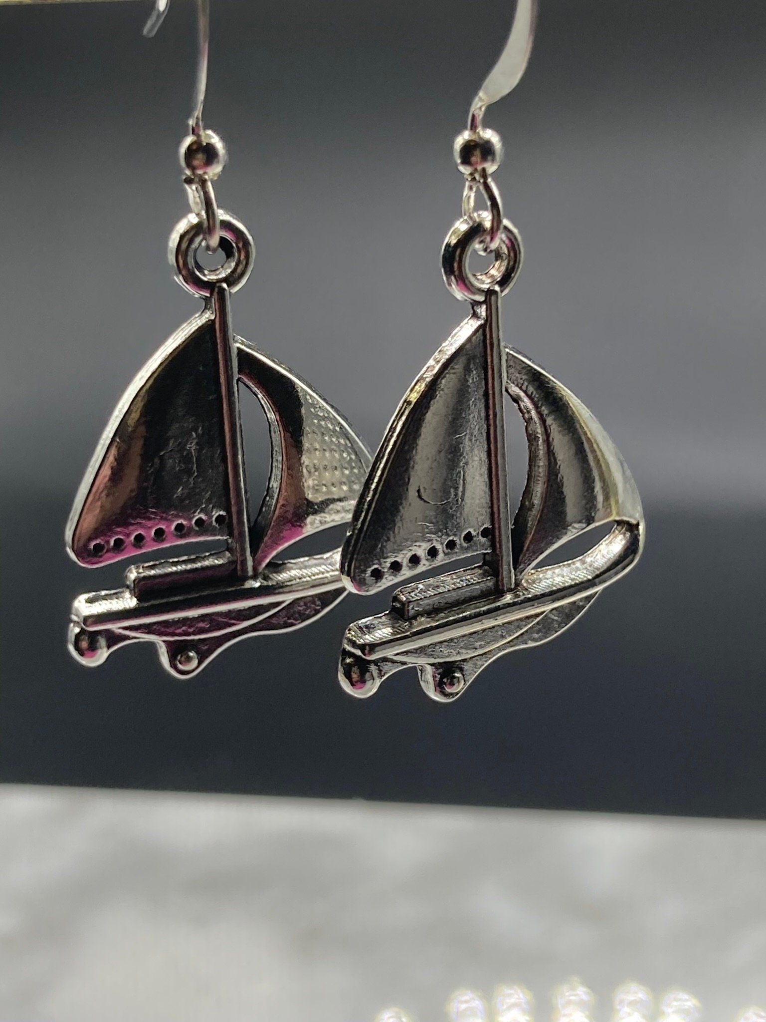 Nautical silver tone boat yacht ship drop earrings pierced ears