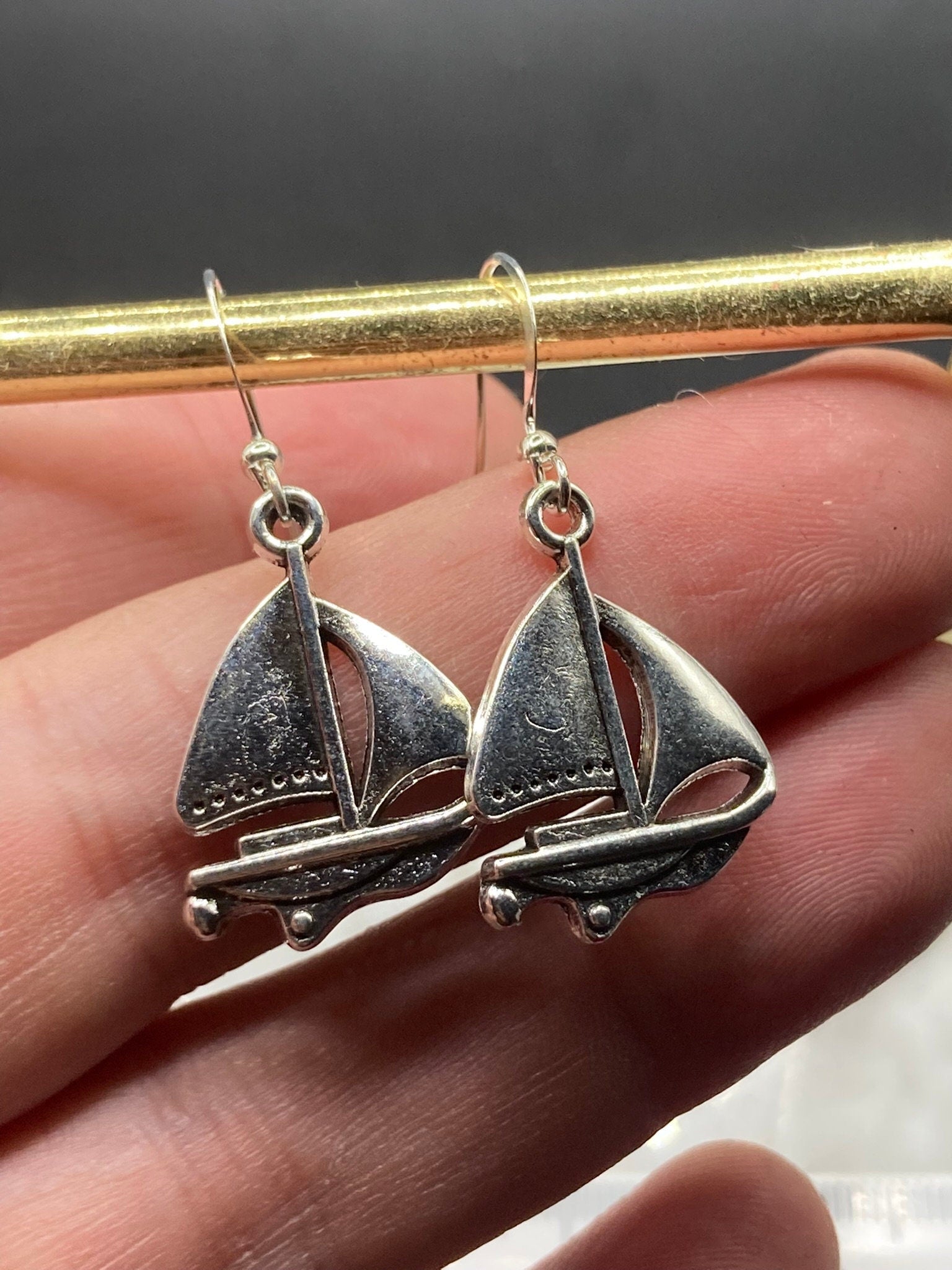 Nautical silver tone boat yacht ship drop earrings pierced ears