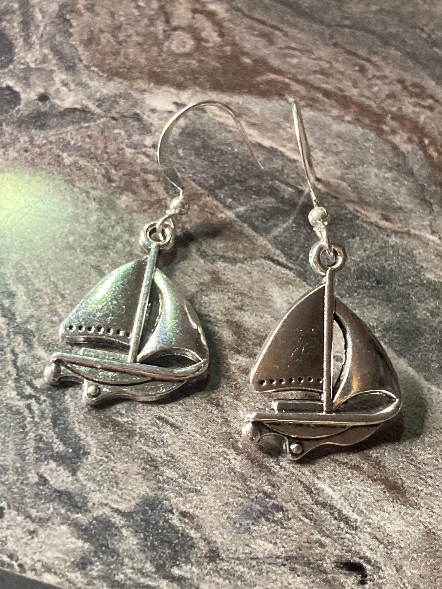 Nautical silver tone boat yacht ship drop earrings pierced ears