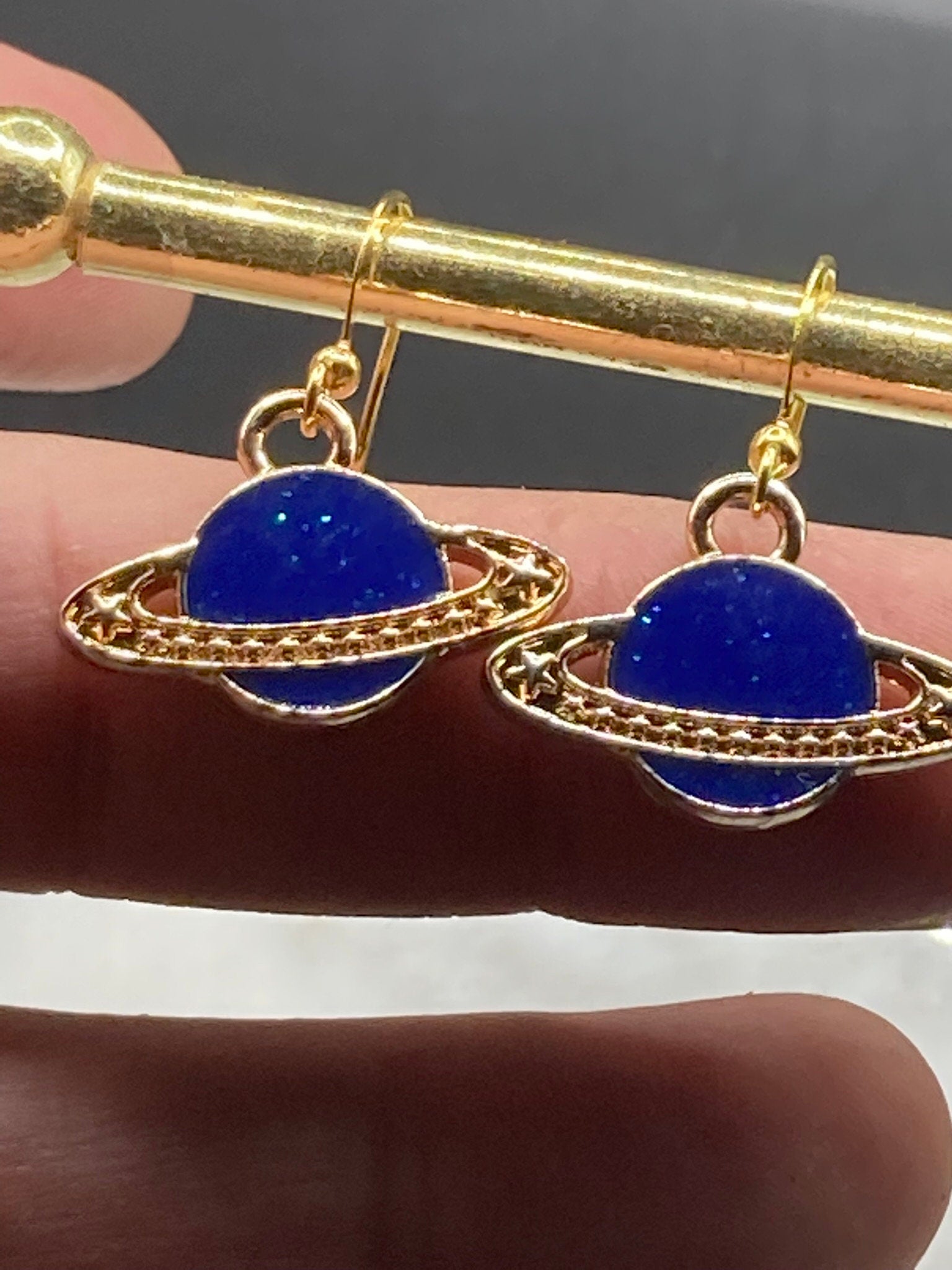 blue enamel planet Saturn orb earrings gold tone space age
