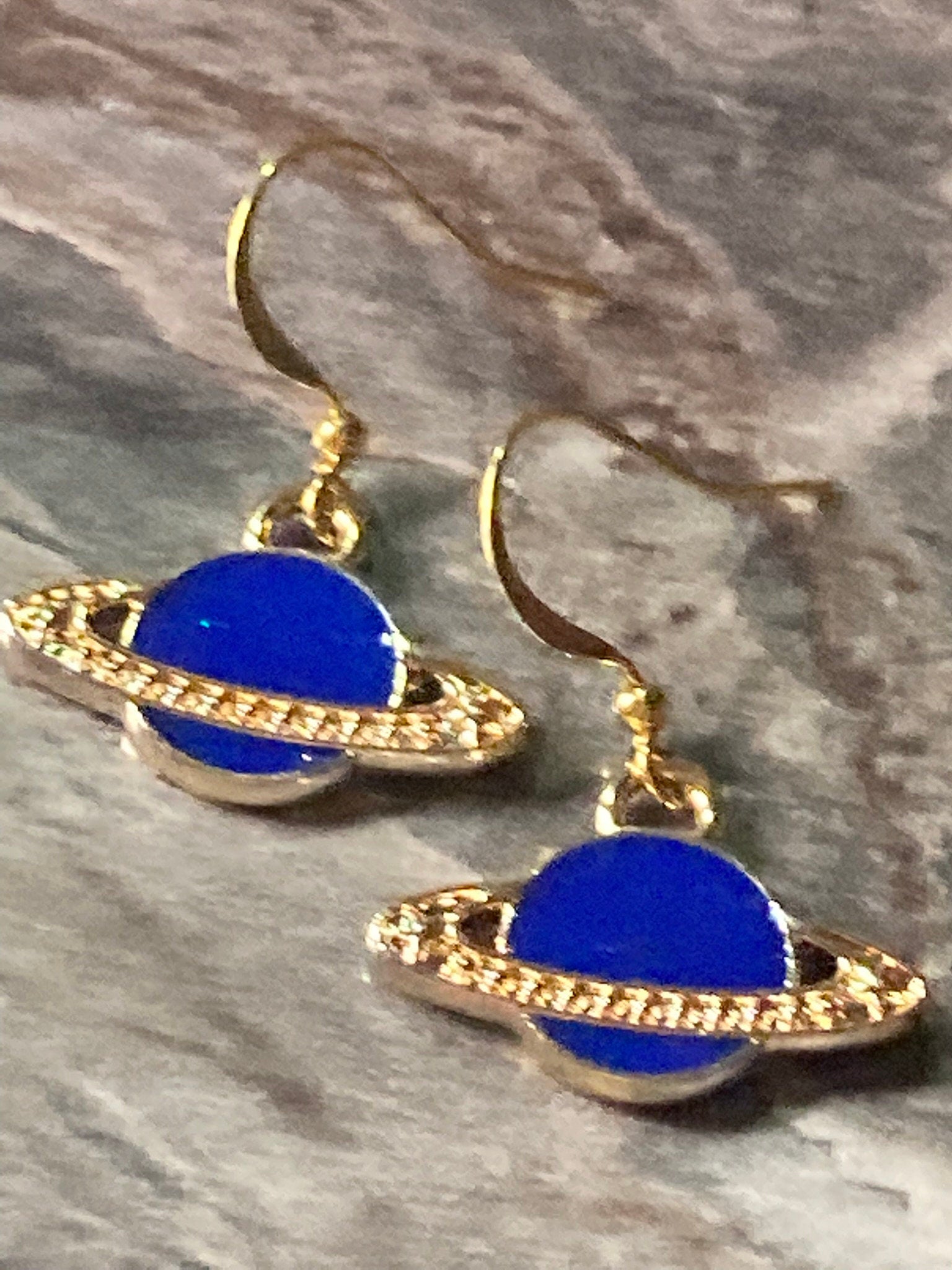 blue enamel planet Saturn orb earrings gold tone space age