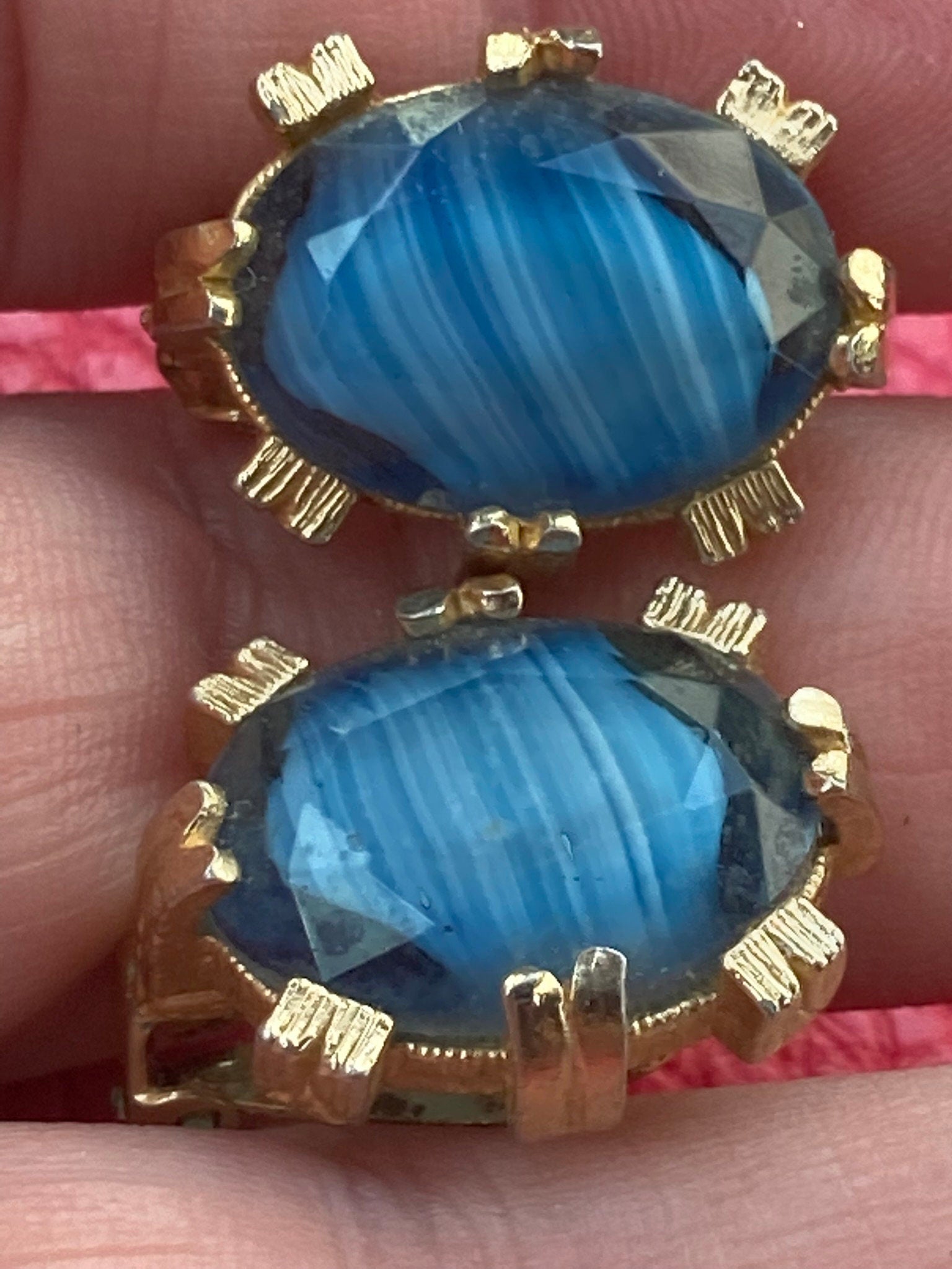 faux banded agate blue coloured glass chunky clip on earrings