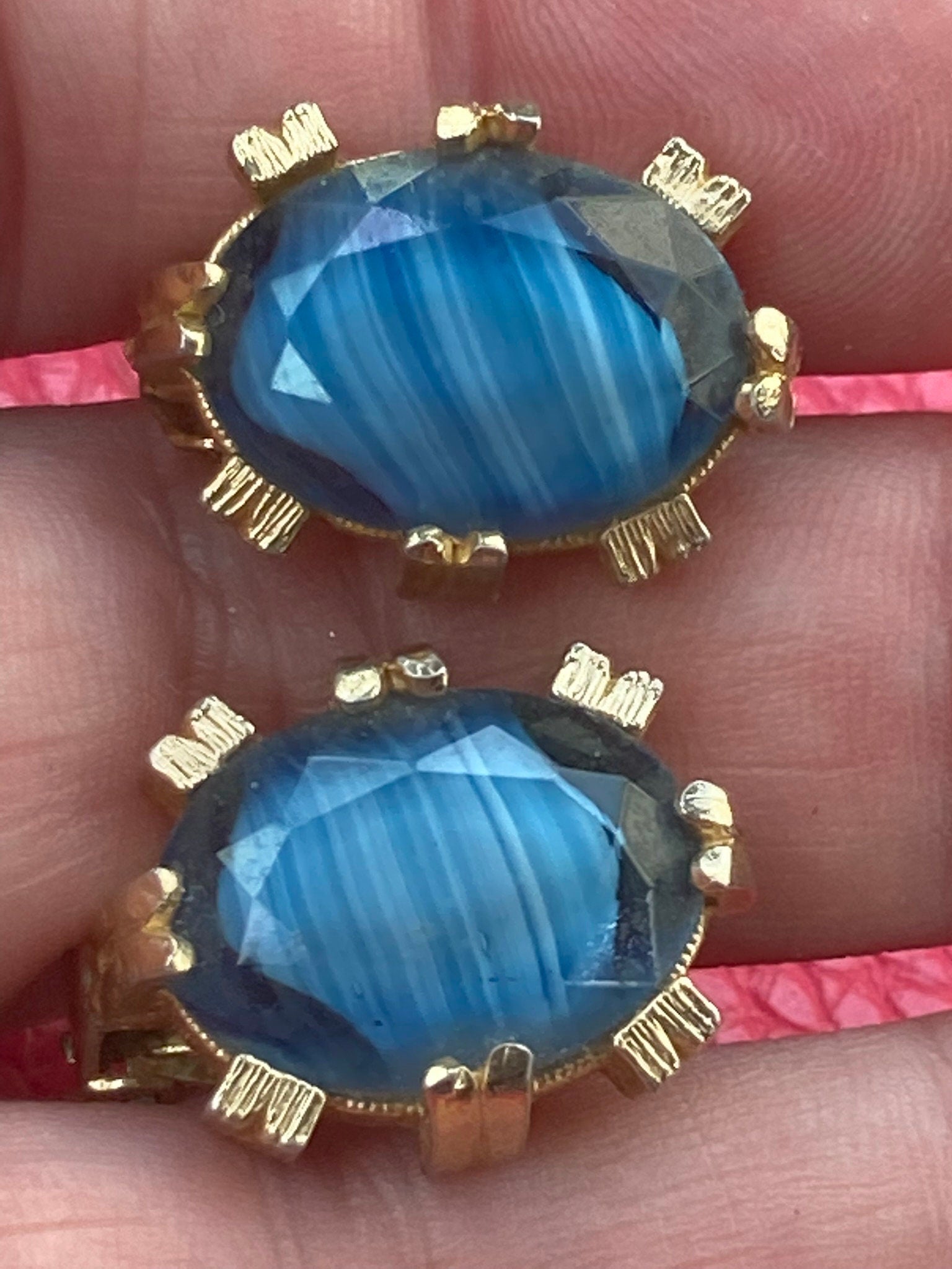 faux banded agate blue coloured glass chunky clip on earrings