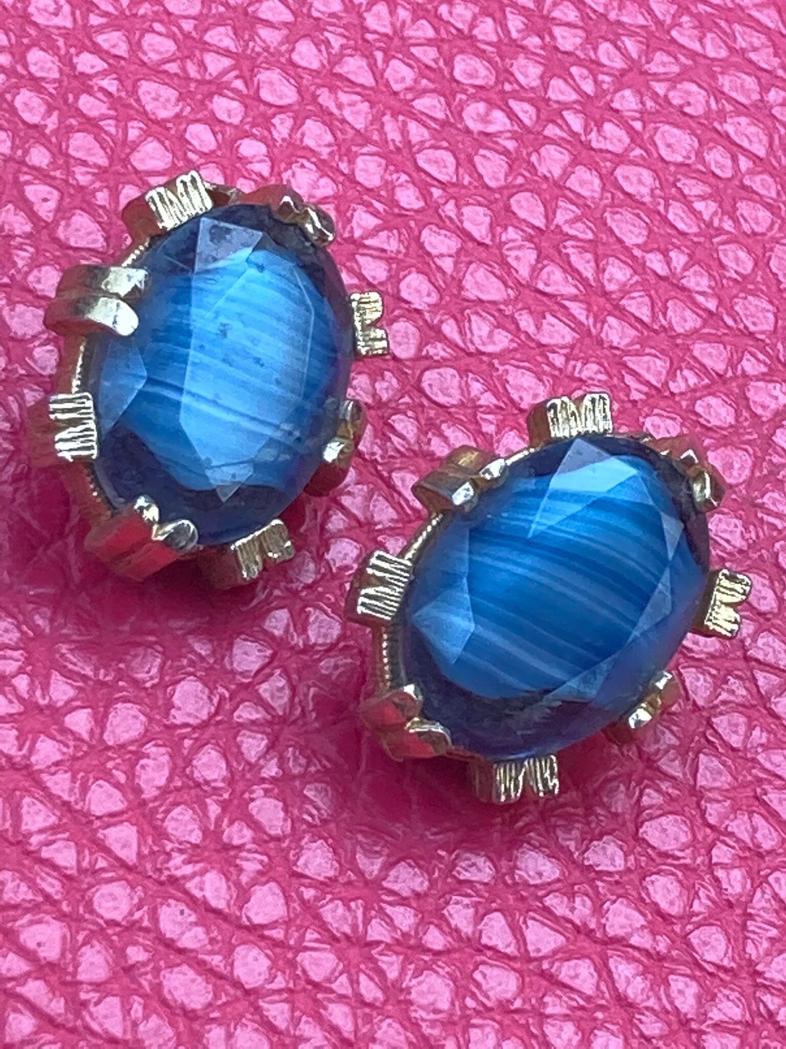 faux banded agate blue coloured glass chunky clip on earrings