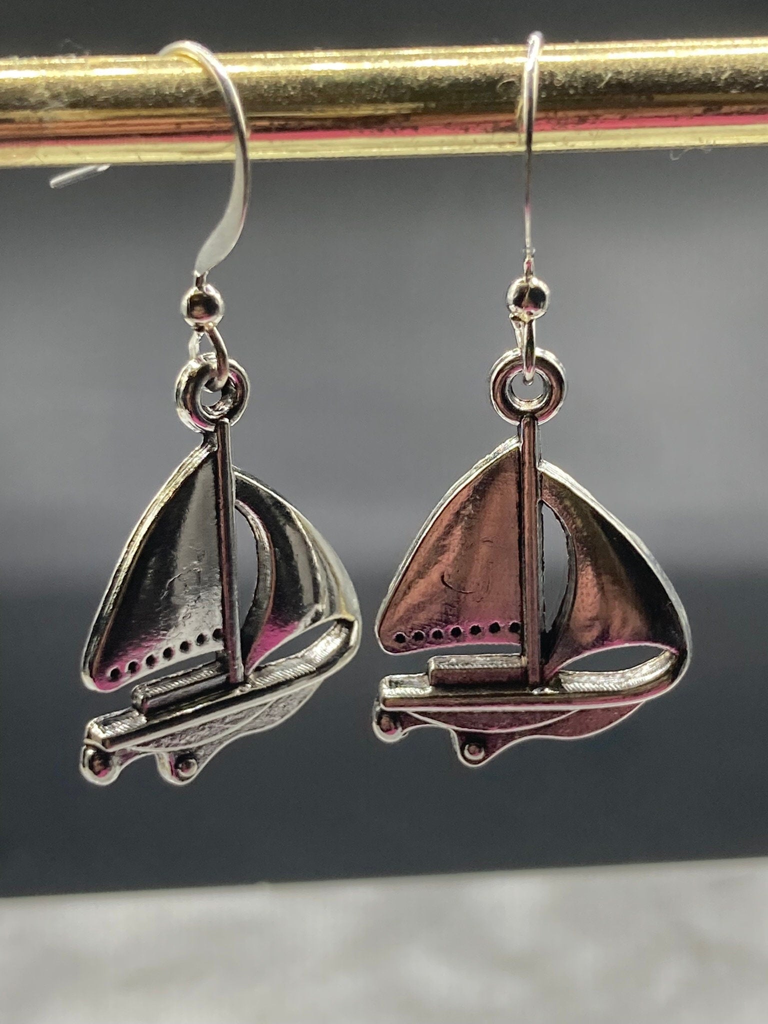 Nautical silver tone boat yacht ship drop earrings pierced ears