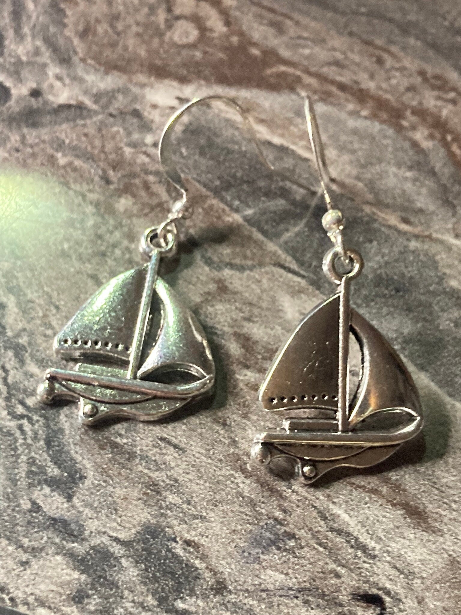 Nautical silver tone boat yacht ship drop earrings pierced ears