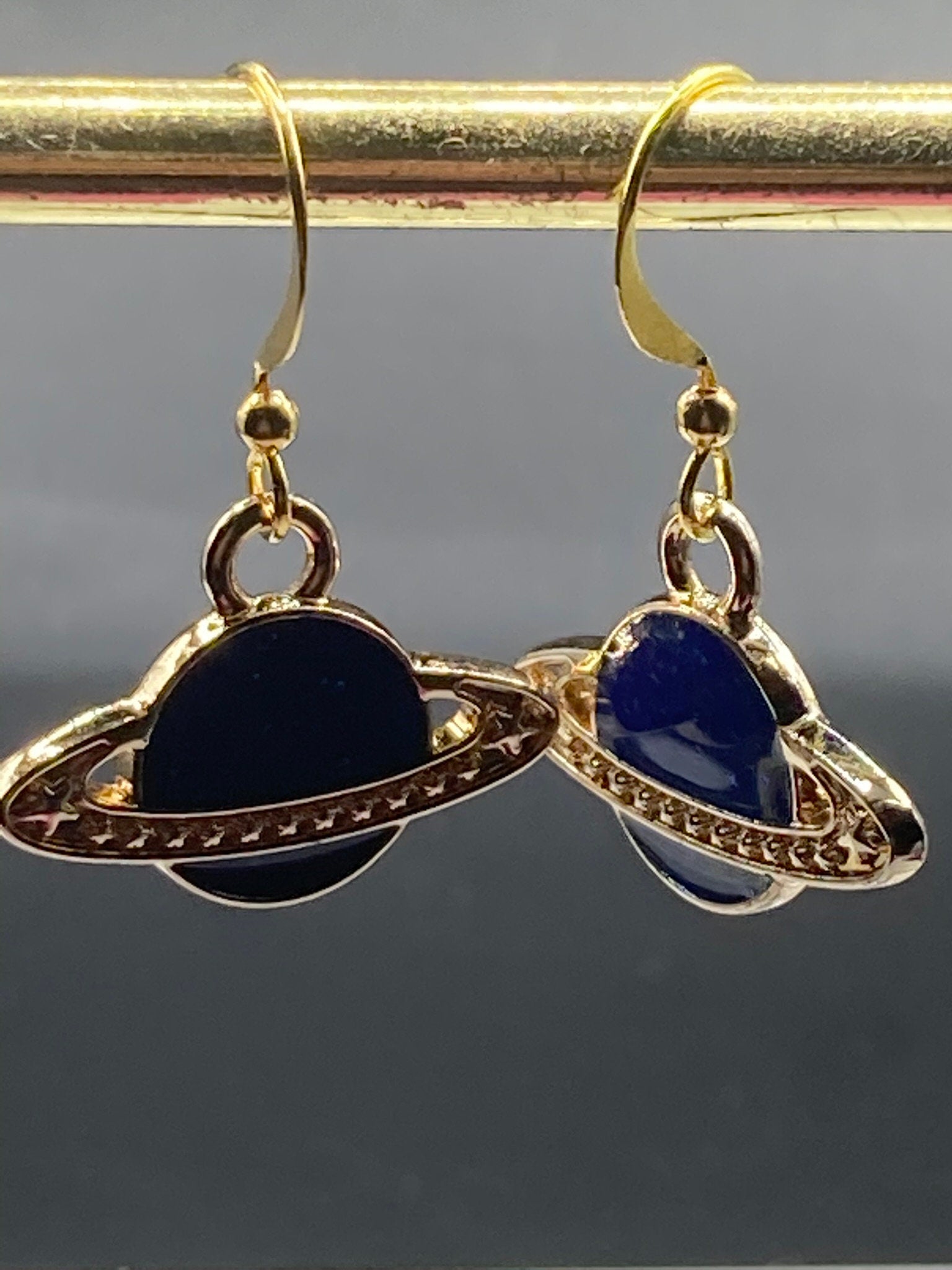 blue enamel planet Saturn orb earrings gold tone space age
