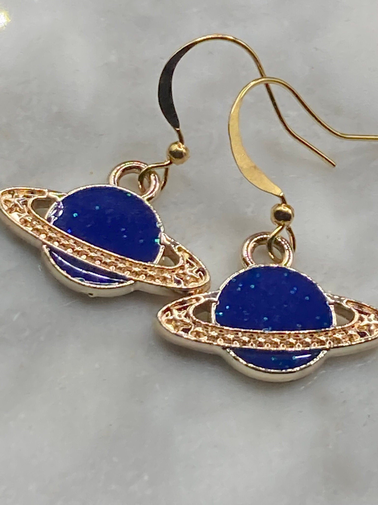 blue enamel planet Saturn orb earrings gold tone space age
