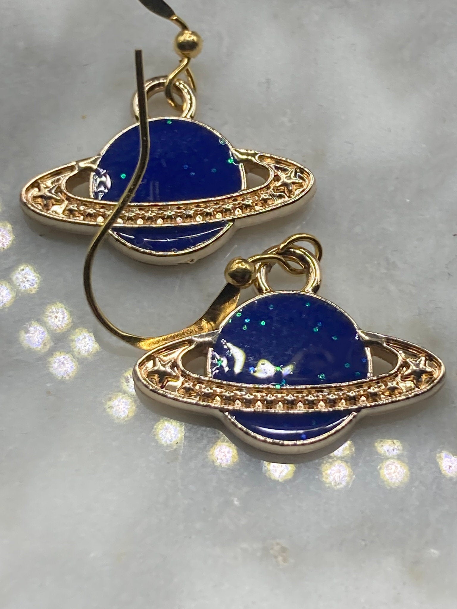 blue enamel planet Saturn orb earrings gold tone space age