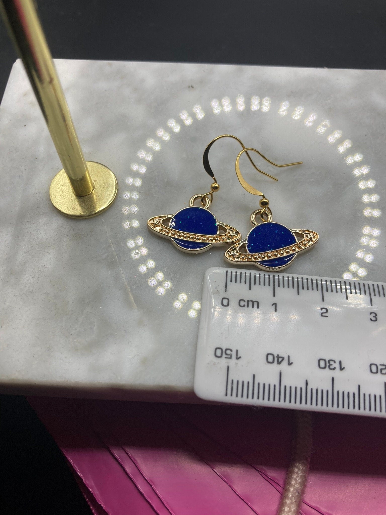 blue enamel planet Saturn orb earrings gold tone space age