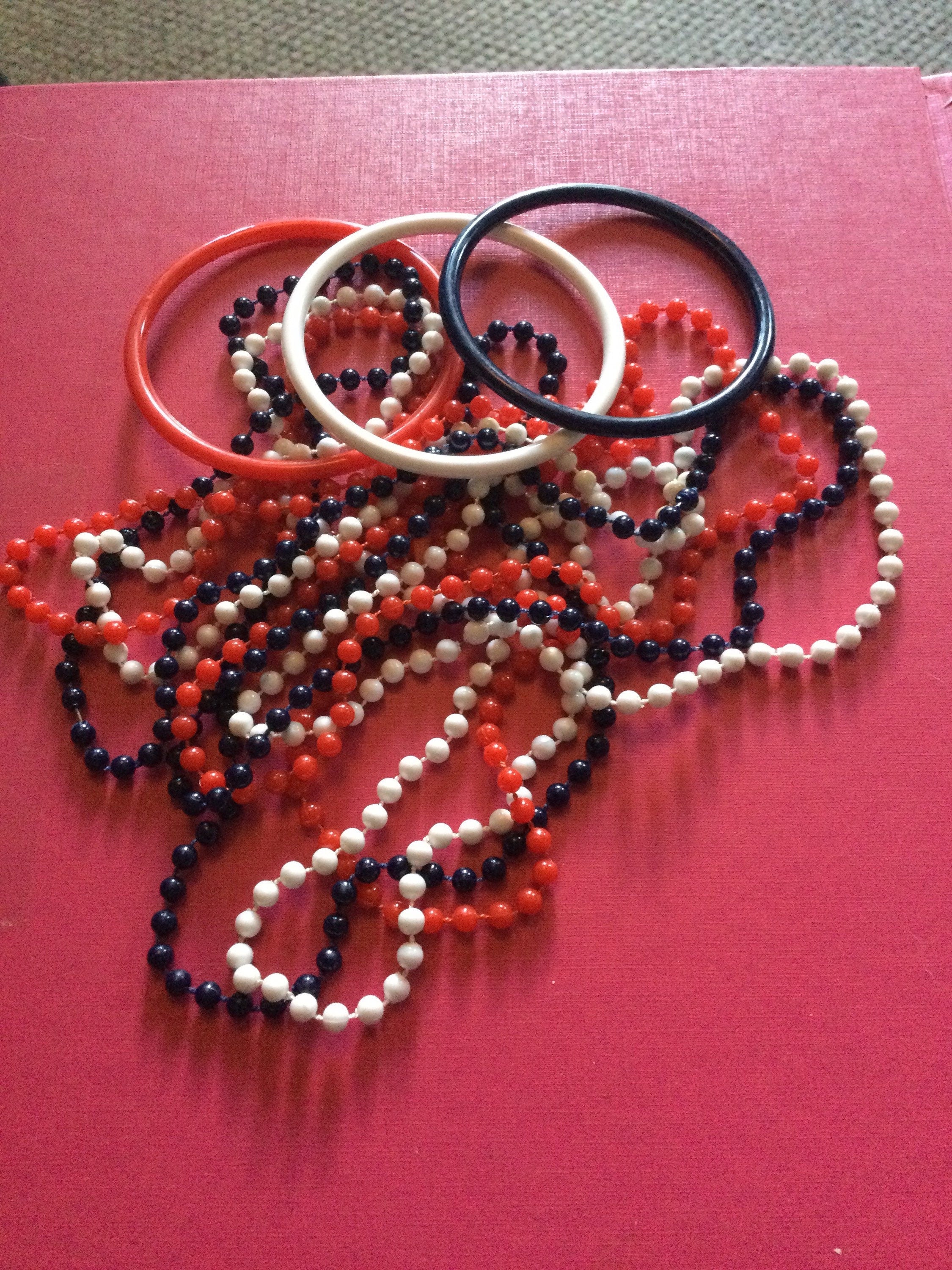 1960s patriotic USA UK France red white blue fixed plastic beaded jewellery set 3 necklaces & bangles