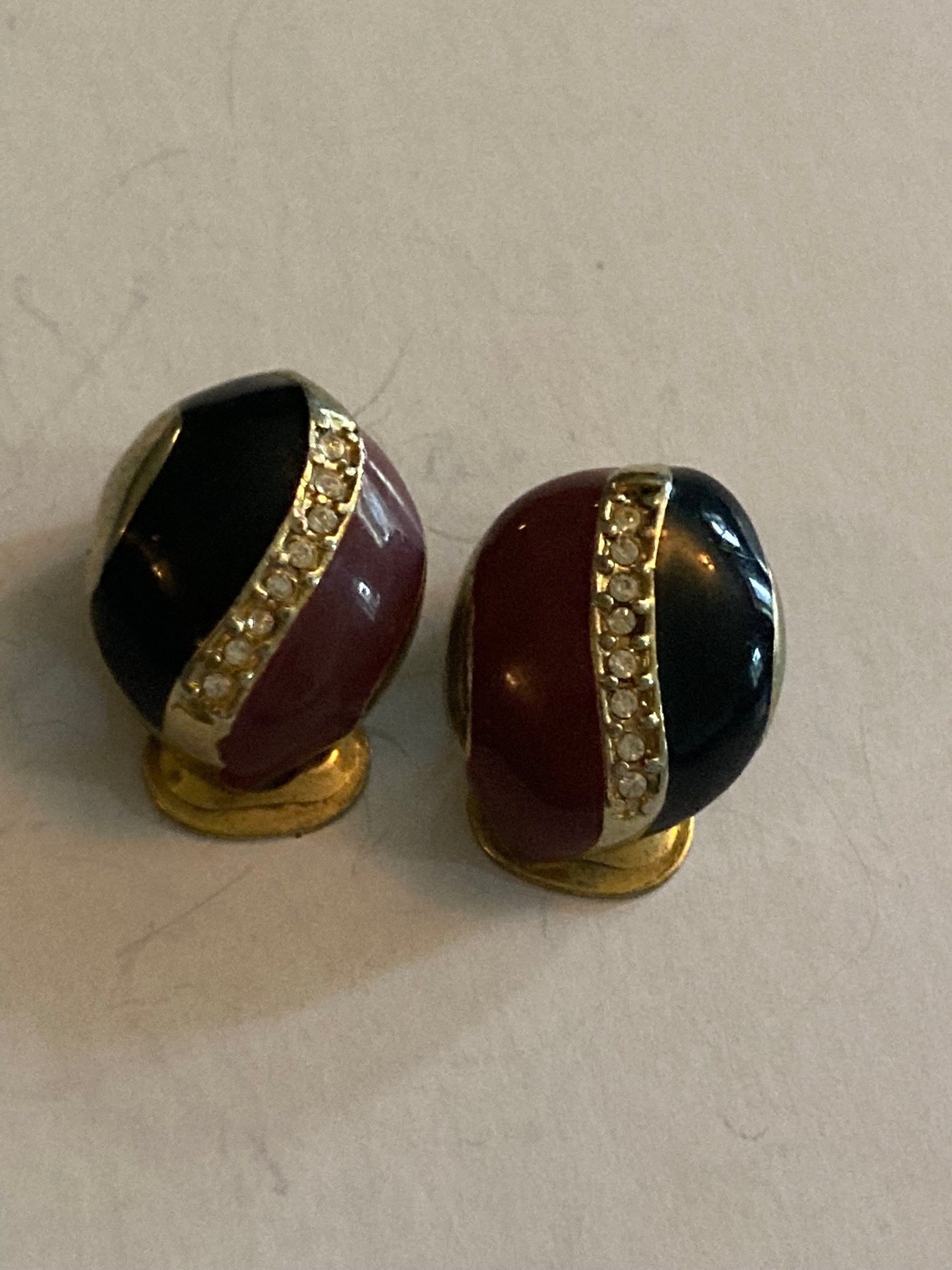 Vintage Gold tone black and brown enamel diamanté paste clip on earrings stud 1980s